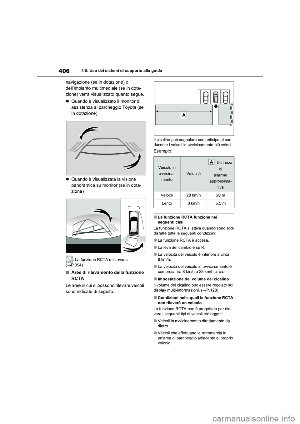 TOYOTA RAV4 2020  Manuale duso (in Italian) 4064-5. Uso dei sistemi di supporto alla guida
navigazione (se in dotazione) o 
dell’impianto multimediale (se in dota-
zione) verrà visualizzato quanto segue.
Quando è visualizzato il monitor 