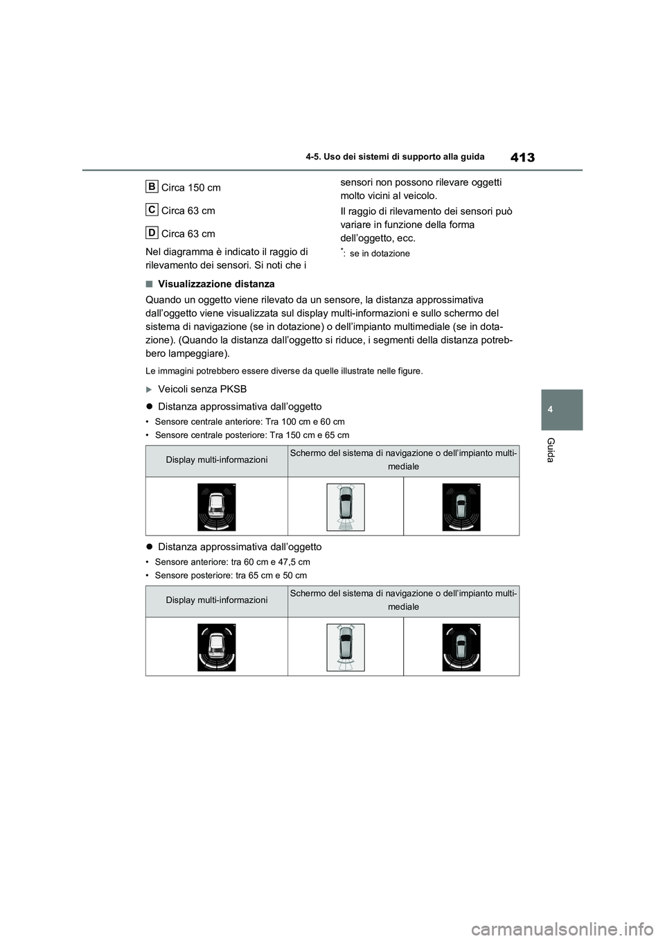 TOYOTA RAV4 2020 Manuale duso (in Italian) 413
4 4-5. Uso dei sistemi di supporto alla guida
Guida
Circa 150 cm
Circa 63 cm
Circa 63 cm
Nel diagramma è indicato il raggio di
rilevamento dei sensori. Si noti che i sensori non possono rilevare TOYOTA RAV4 2020 Manuale duso (in Italian) 413
4 4-5. Uso dei sistemi di supporto alla guida
Guida
Circa 150 cm
Circa 63 cm
Circa 63 cm
Nel diagramma è indicato il raggio di
rilevamento dei sensori. Si noti che i sensori non possono rilevare