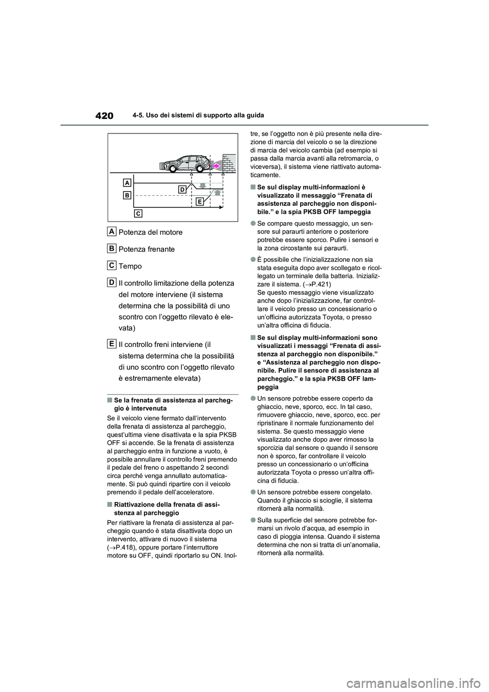 TOYOTA RAV4 2020  Manuale duso (in Italian) 4204-5. Uso dei sistemi di supporto alla guida
Potenza del motore
Potenza frenante
Tempo
Il controllo limitazione della potenza 
del motore interviene (il sistema 
determina che la possibilità di uno