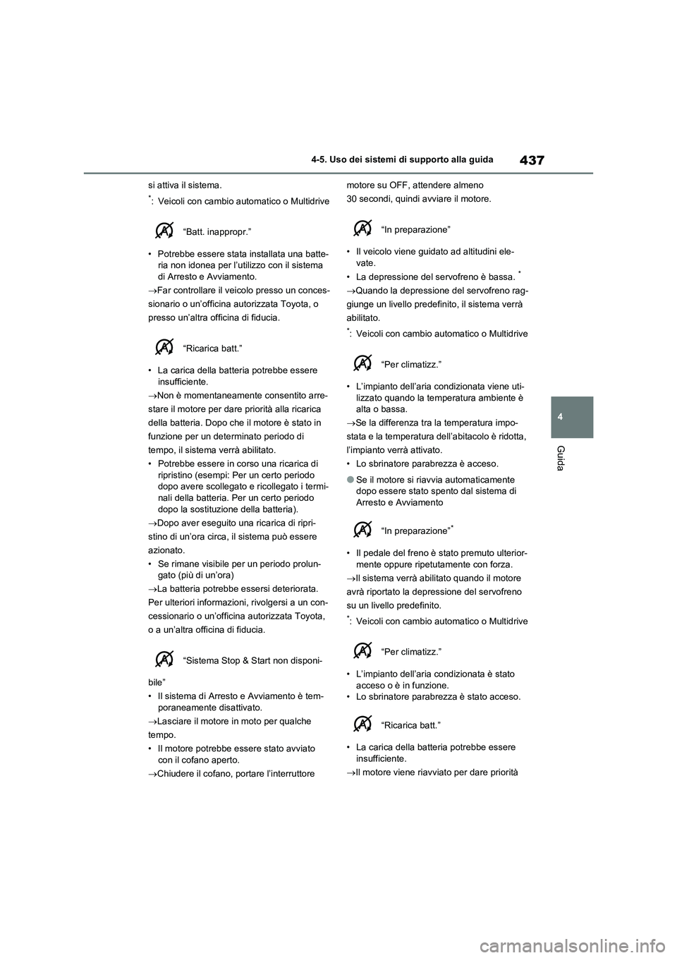 TOYOTA RAV4 2020 Manuale duso (in Italian) 437
4 4-5. Uso dei sistemi di supporto alla guida
Guida
si attiva il sistema.
*: Veicoli con cambio automatico o Multidrive
“Batt. inappropr.”
• Potrebbe essere stata installata una batte-
ria TOYOTA RAV4 2020 Manuale duso (in Italian) 437
4 4-5. Uso dei sistemi di supporto alla guida
Guida
si attiva il sistema.
*: Veicoli con cambio automatico o Multidrive
“Batt. inappropr.”
• Potrebbe essere stata installata una batte-
ria