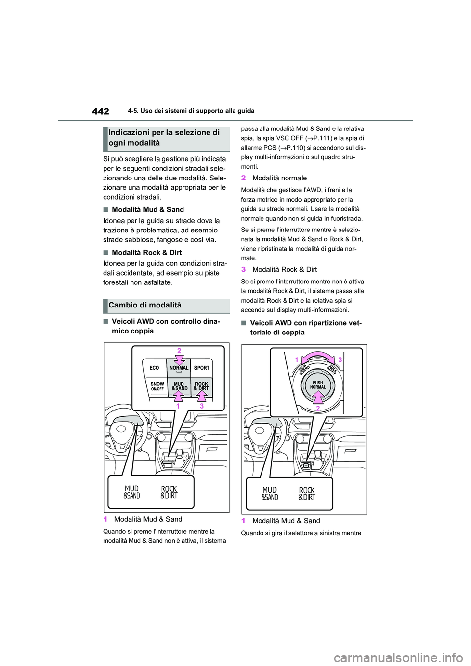 TOYOTA RAV4 2020  Manuale duso (in Italian) 4424-5. Uso dei sistemi di supporto alla guida
Si può scegliere la gestione più indicata  
per le seguenti condizioni stradali sele-
zionando una delle due modalità. Sele-
zionare una modalità app