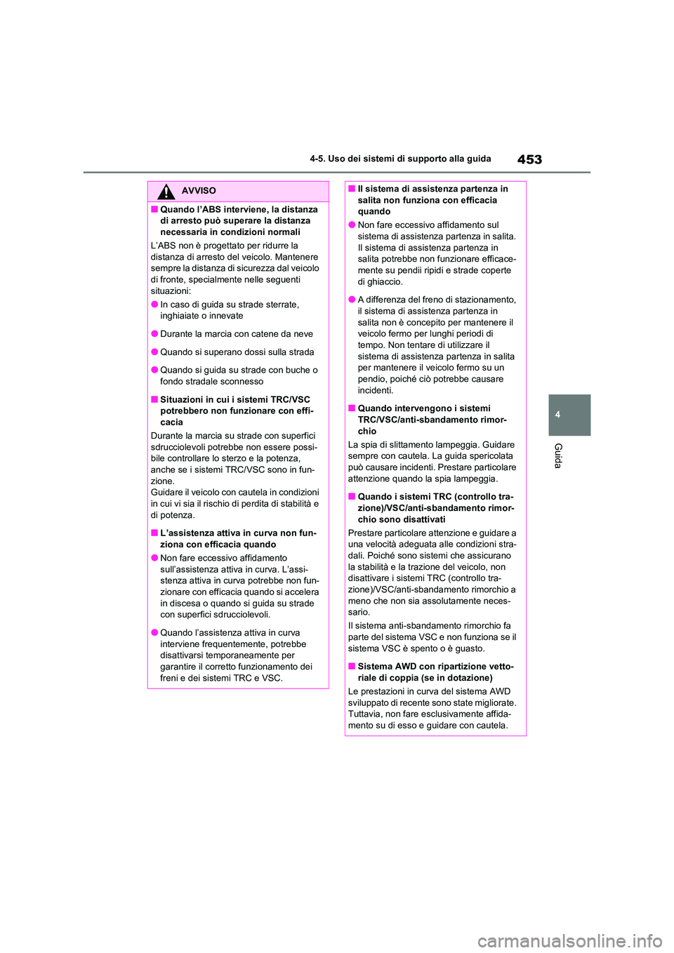 TOYOTA RAV4 2020 Manuale duso (in Italian) 453
4
4-5. Uso dei sistemi di supporto alla guida
Guida
AVVISO
■Quando l’ABS interviene, la distanza
di arresto può superare la distanza
necessaria in condizioni normali
L’ABS non è proge TOYOTA RAV4 2020 Manuale duso (in Italian) 453
4
4-5. Uso dei sistemi di supporto alla guida
Guida
AVVISO
■Quando l’ABS interviene, la distanza
di arresto può superare la distanza
necessaria in condizioni normali
L’ABS non è proge