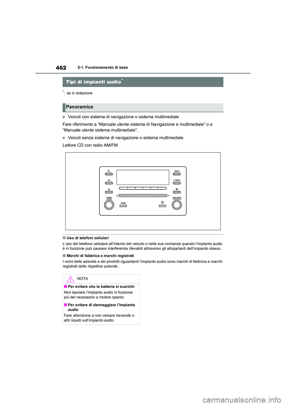 TOYOTA RAV4 2020  Manuale duso (in Italian) 4625-1. Funzionamento di base
5-1.Funzionamento di base
*: se in dotazione
Veicoli con sistema di navigazione o sistema multimediale 
Fare riferimento a “Manuale utente sist ema di Navigazione e 