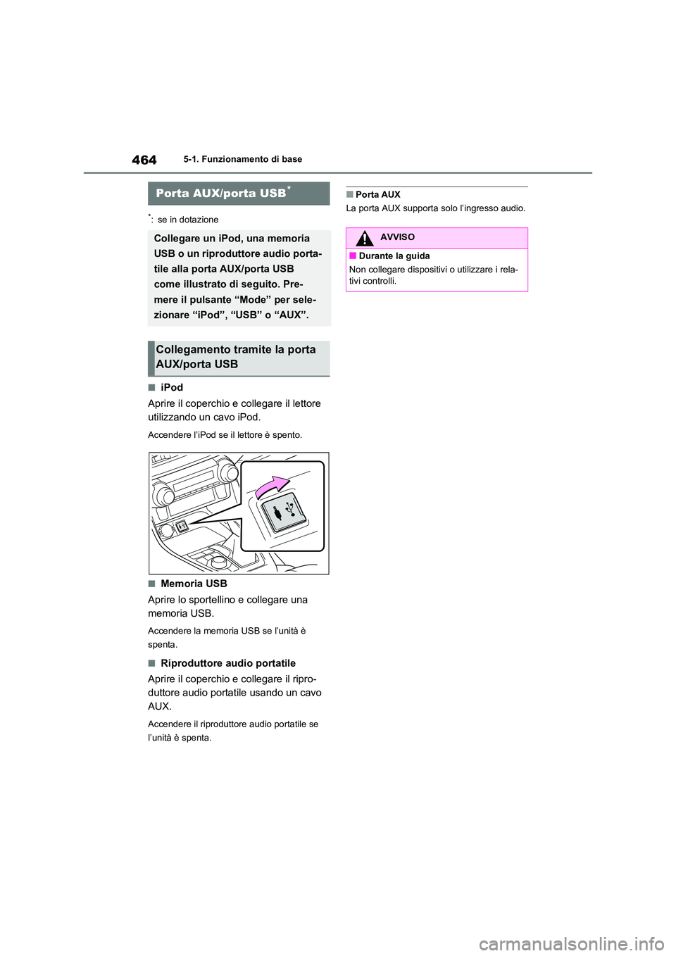 TOYOTA RAV4 2020  Manuale duso (in Italian) 4645-1. Funzionamento di base
*: se in dotazione
■iPod 
Aprire il coperchio e collegare il lettore  
utilizzando un cavo iPod.
Accendere l’iPod se il lettore è spento.
■Memoria USB 
Aprire lo s