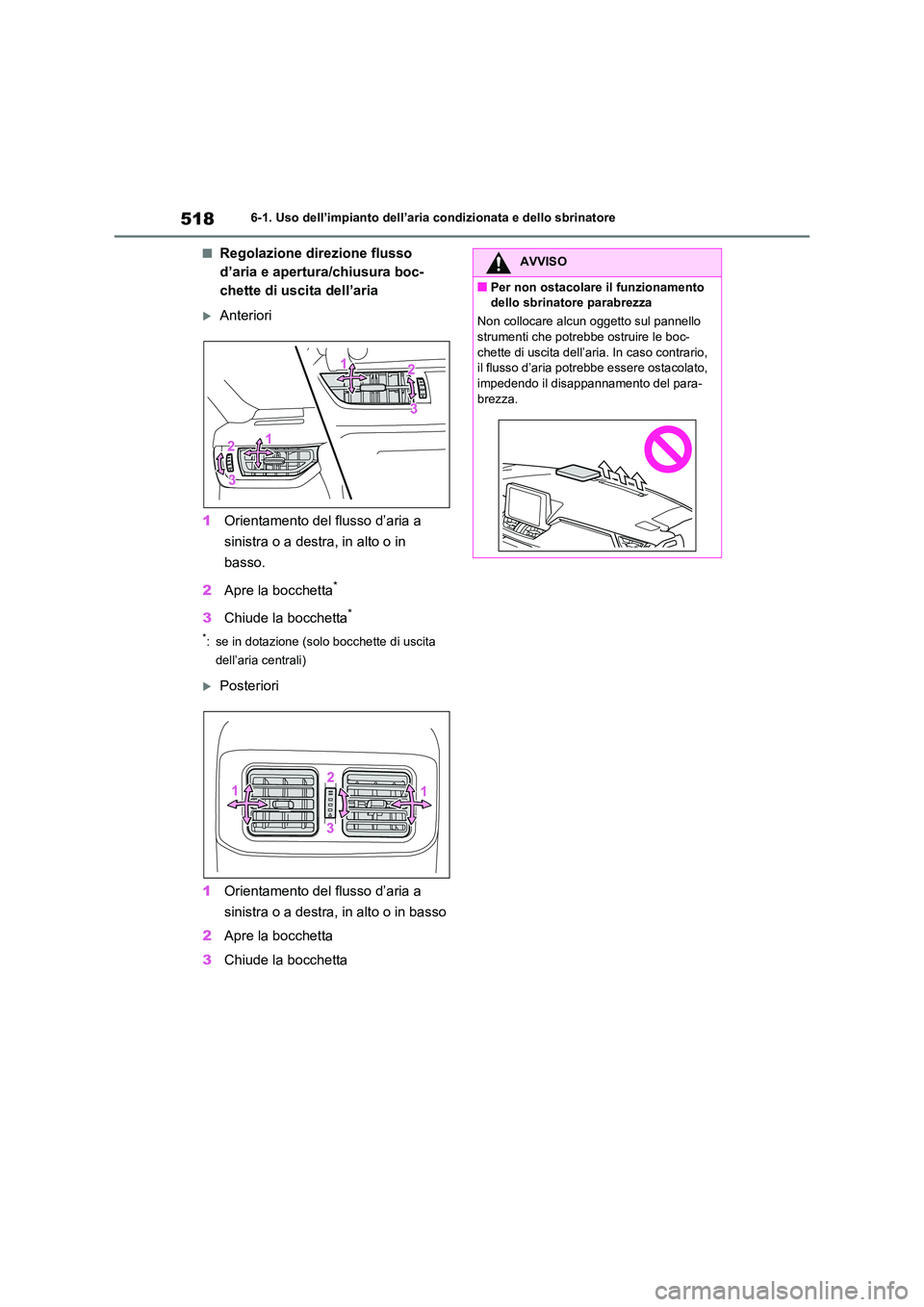 TOYOTA RAV4 2020 Manuale duso (in Italian) 5186-1. Uso dell’impianto dell’aria condizionata e dello sbrinatore
■Regolazione direzione flusso
d’aria e apertura/chiusura boc-
chette di uscita dell’aria
Anteriori
1 Orientamento de TOYOTA RAV4 2020 Manuale duso (in Italian) 5186-1. Uso dell’impianto dell’aria condizionata e dello sbrinatore
■Regolazione direzione flusso
d’aria e apertura/chiusura boc-
chette di uscita dell’aria
Anteriori
1 Orientamento de