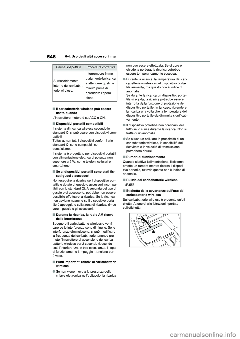 TOYOTA RAV4 2020  Manuale duso (in Italian) 5466-4. Uso degli altri accessori interni
■Il caricabatterie wireless può essere 
usato quando
L’interruttore motore è su ACC o ON.
■Dispositivi portatili compatibili
Il sistema di ricarica wi