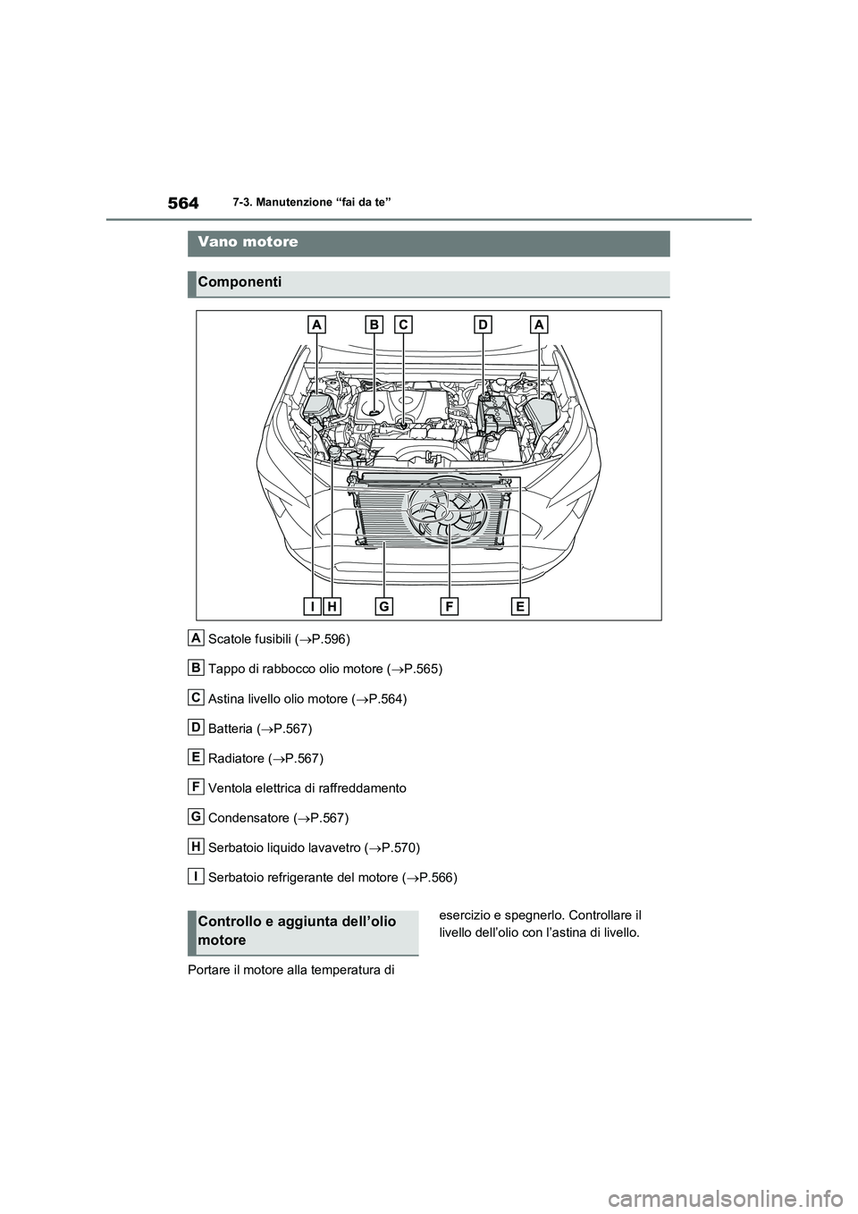 TOYOTA RAV4 2020  Manuale duso (in Italian) 5647-3. Manutenzione “fai da te”
Scatole fusibili (P.596)
Tappo di rabbocco olio motore (P.565)
Astina livello olio motore (P.564)
Batteria (P.567)
Radiatore (P.567)
Ventola elettri