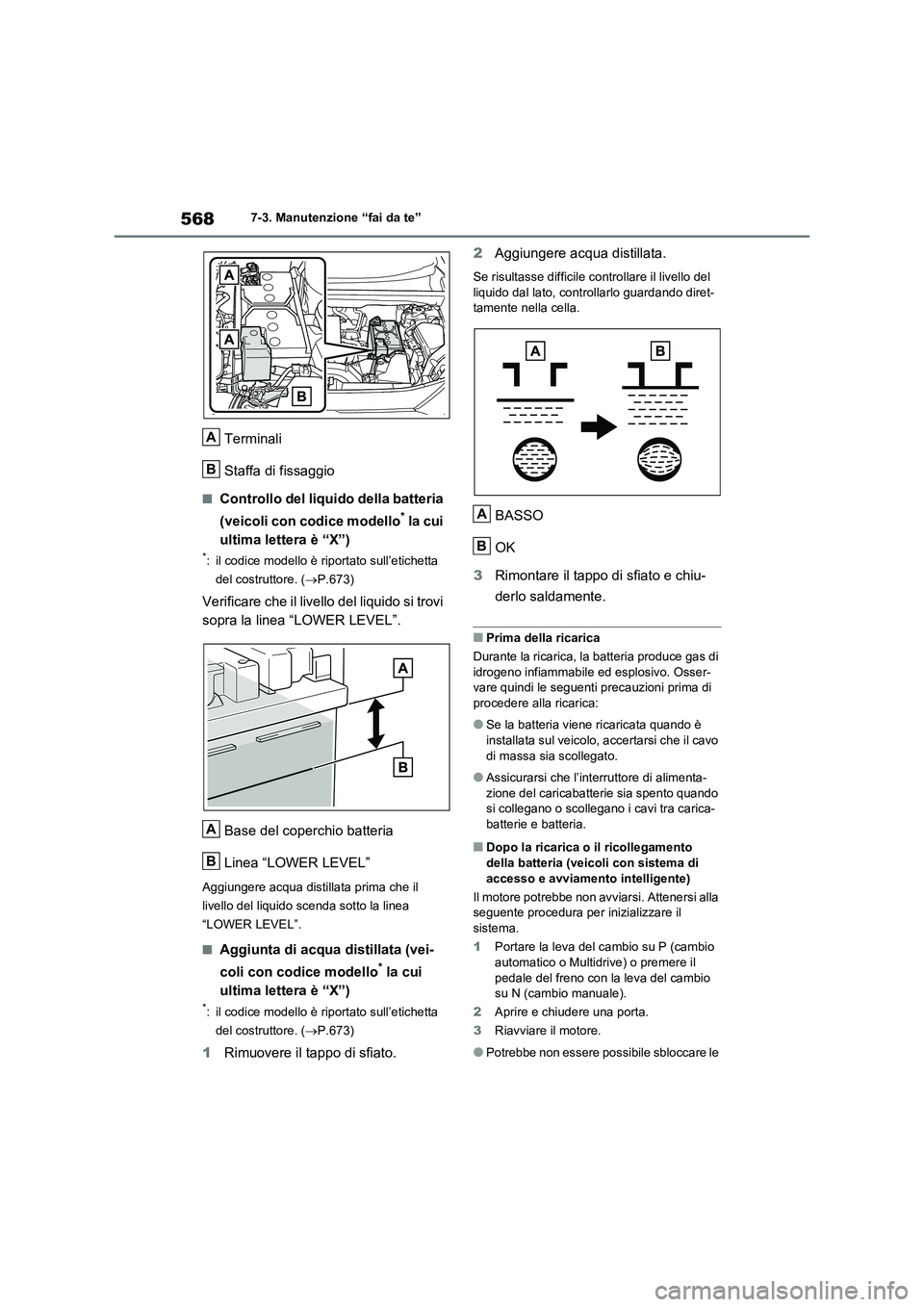 TOYOTA RAV4 2020  Manuale duso (in Italian) 5687-3. Manutenzione “fai da te”
Terminali
Staffa di fissaggio
■Controllo del liquido della batteria 
(veicoli con codice modello
* la cui 
ultima lettera è “X”)
*: il codice modello è rip