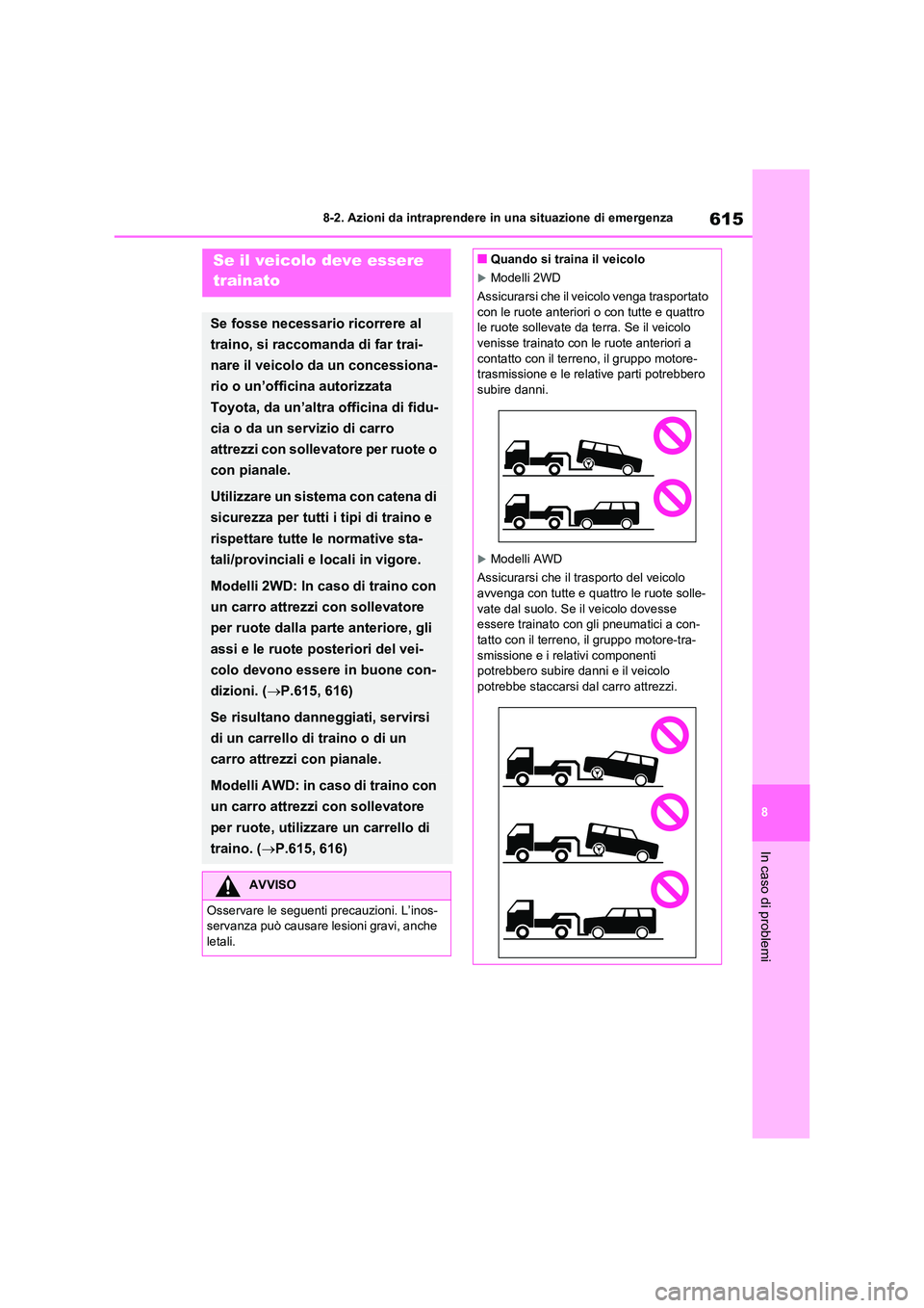 TOYOTA RAV4 2020 Manuale duso (in Italian) 615
8
8-2. Azioni da intraprendere in una situazione di emergenza
In caso di problemi
8-2.Azioni da intraprendere in una situazione di emergenzaSe il veicolo deve essere
trainato
Se fosse necessari TOYOTA RAV4 2020 Manuale duso (in Italian) 615
8
8-2. Azioni da intraprendere in una situazione di emergenza
In caso di problemi
8-2.Azioni da intraprendere in una situazione di emergenzaSe il veicolo deve essere
trainato
Se fosse necessari