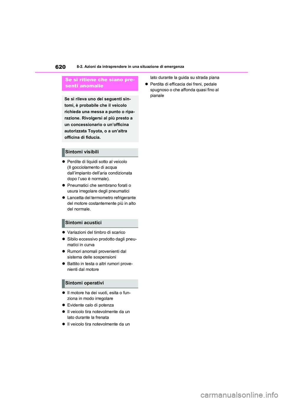 TOYOTA RAV4 2020 Manuale duso (in Italian) 6208-2. Azioni da intraprendere in una situazione di emergenza
Perdite di liquidi sotto al veicolo
(Il gocciolamento di acqua
dall’impianto dell’aria condizionata
dopo l’uso è normale).
TOYOTA RAV4 2020 Manuale duso (in Italian) 6208-2. Azioni da intraprendere in una situazione di emergenza
Perdite di liquidi sotto al veicolo
(Il gocciolamento di acqua
dall’impianto dell’aria condizionata
dopo l’uso è normale).