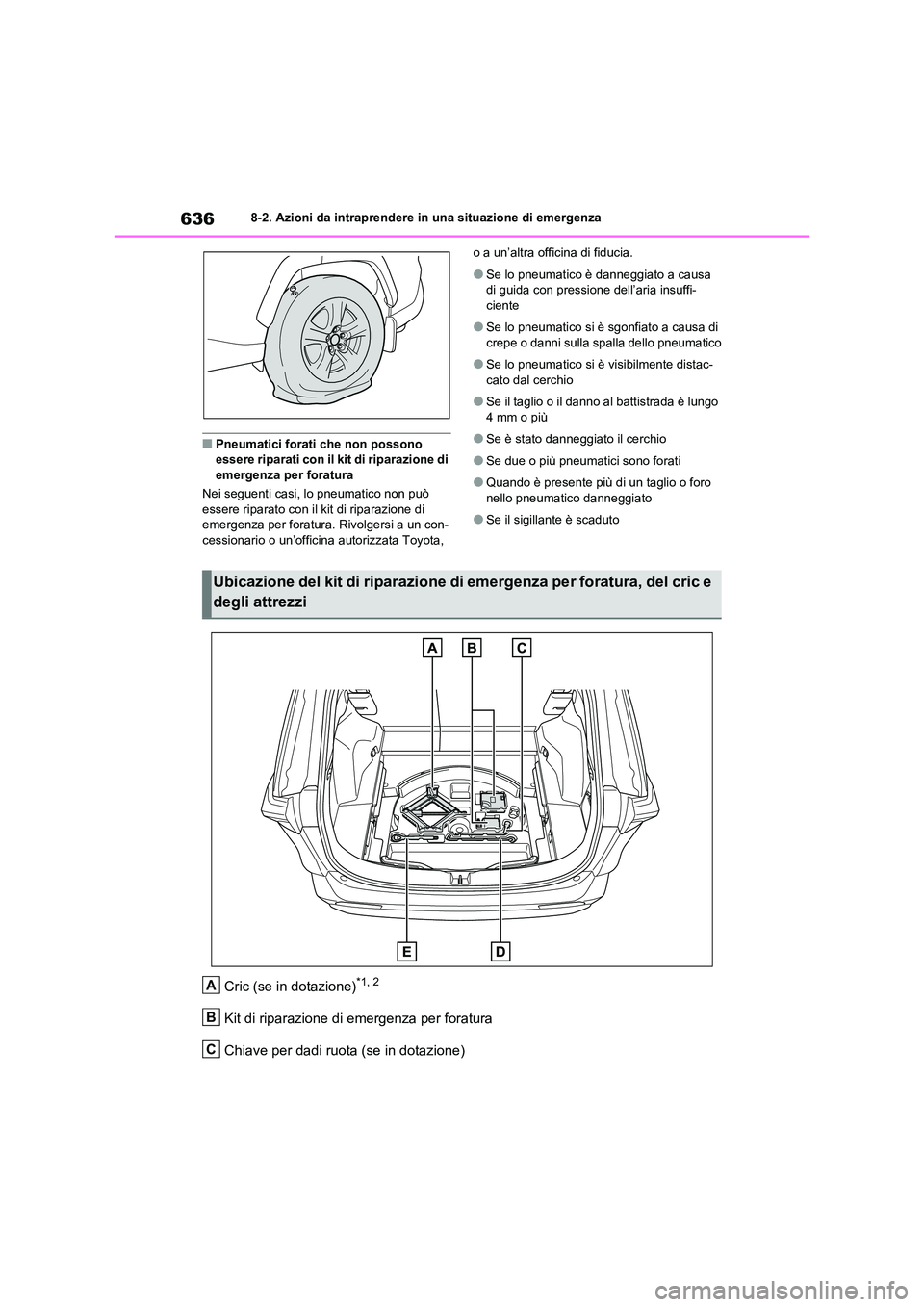 TOYOTA RAV4 2020  Manuale duso (in Italian) 6368-2. Azioni da intraprendere in una situazione di emergenza
■Pneumatici forati che non possono  essere riparati con il kit di riparazione di  
emergenza per foratura 
Nei seguenti casi, lo pneuma