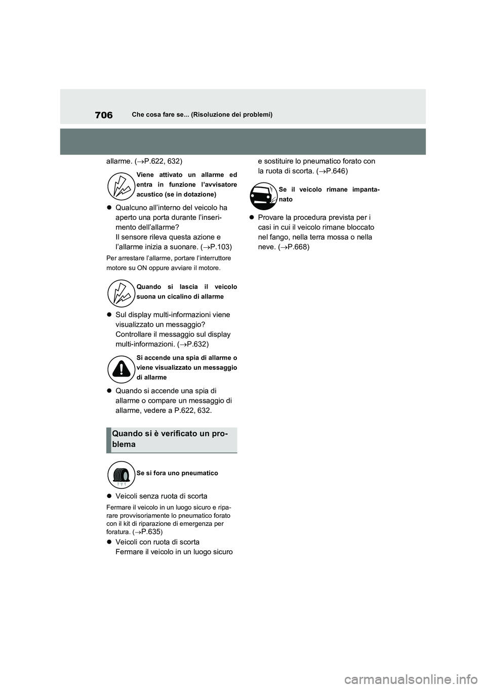 TOYOTA RAV4 2020  Manuale duso (in Italian) 706Che cosa fare se... (Risoluzione dei problemi)
allarme. (P.622, 632)
Qualcuno all’interno del veicolo ha 
aperto una porta durante l’inseri-
mento dell’allarme?
Il sensore rileva questa