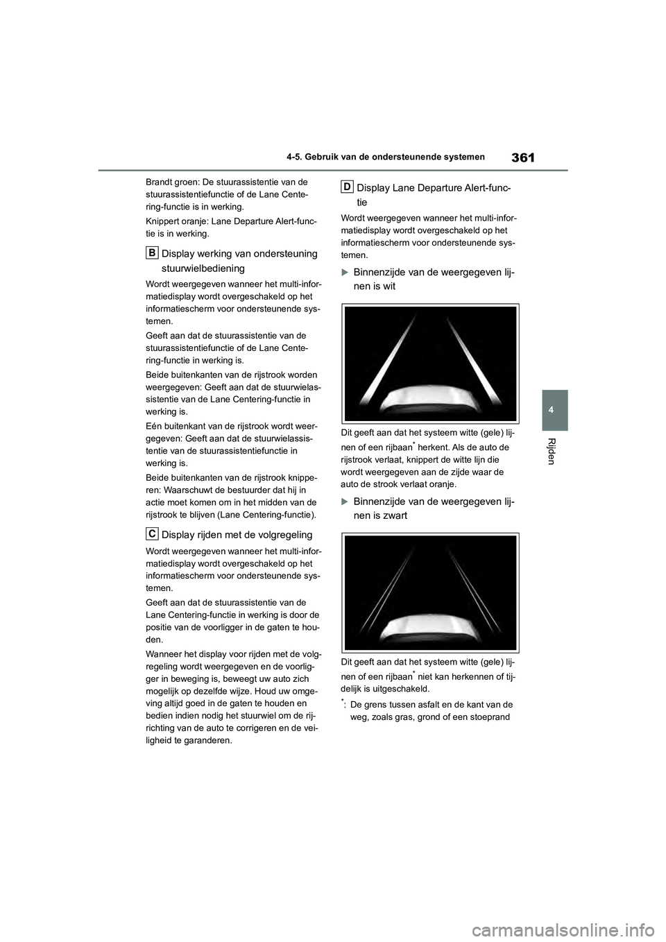 TOYOTA RAV4 2020 Instructieboekje (in Dutch) 361
4
4-5. Gebruik van de ondersteunende systemen
Rijden
Brandt groen: De stuurassistentie van de
stuurassistentiefunctie of de Lane Cente-
ring-functie is in werking.
Knippert oranje: Lane Departure TOYOTA RAV4 2020 Instructieboekje (in Dutch) 361
4
4-5. Gebruik van de ondersteunende systemen
Rijden
Brandt groen: De stuurassistentie van de
stuurassistentiefunctie of de Lane Cente-
ring-functie is in werking.
Knippert oranje: Lane Departure