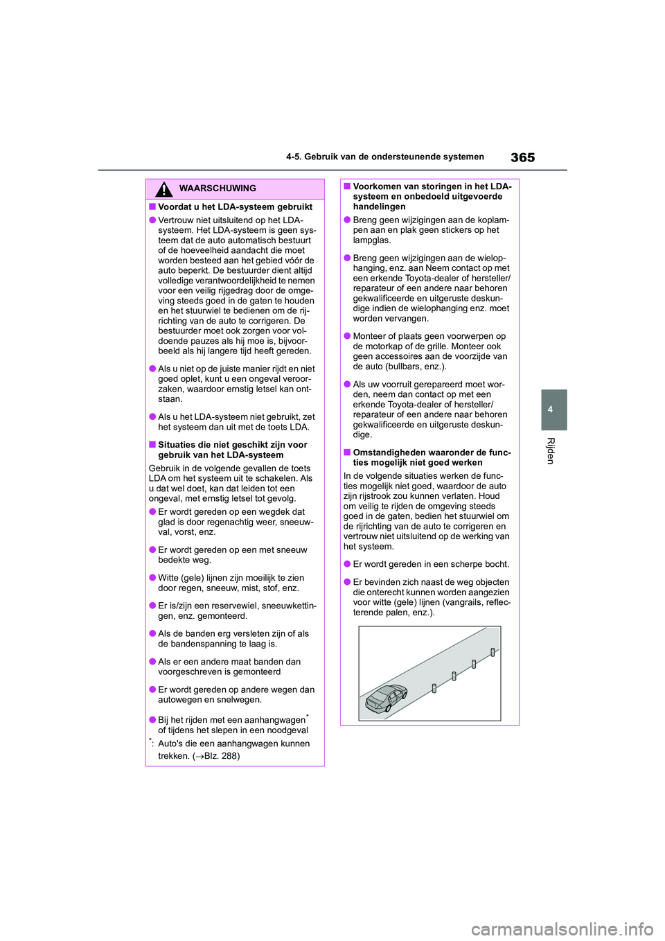 TOYOTA RAV4 2020 Instructieboekje (in Dutch) 365
4
4-5. Gebruik van de ondersteunende systemen
Rijden
WAARSCHUWING
■Voordat u het LDA-systeem gebruikt
●Vertrouw niet uitsluitend op het LDA-
systeem. Het LDA-systeem is geen sys-
teem dat de a TOYOTA RAV4 2020 Instructieboekje (in Dutch) 365
4
4-5. Gebruik van de ondersteunende systemen
Rijden
WAARSCHUWING
■Voordat u het LDA-systeem gebruikt
●Vertrouw niet uitsluitend op het LDA-
systeem. Het LDA-systeem is geen sys-
teem dat de a