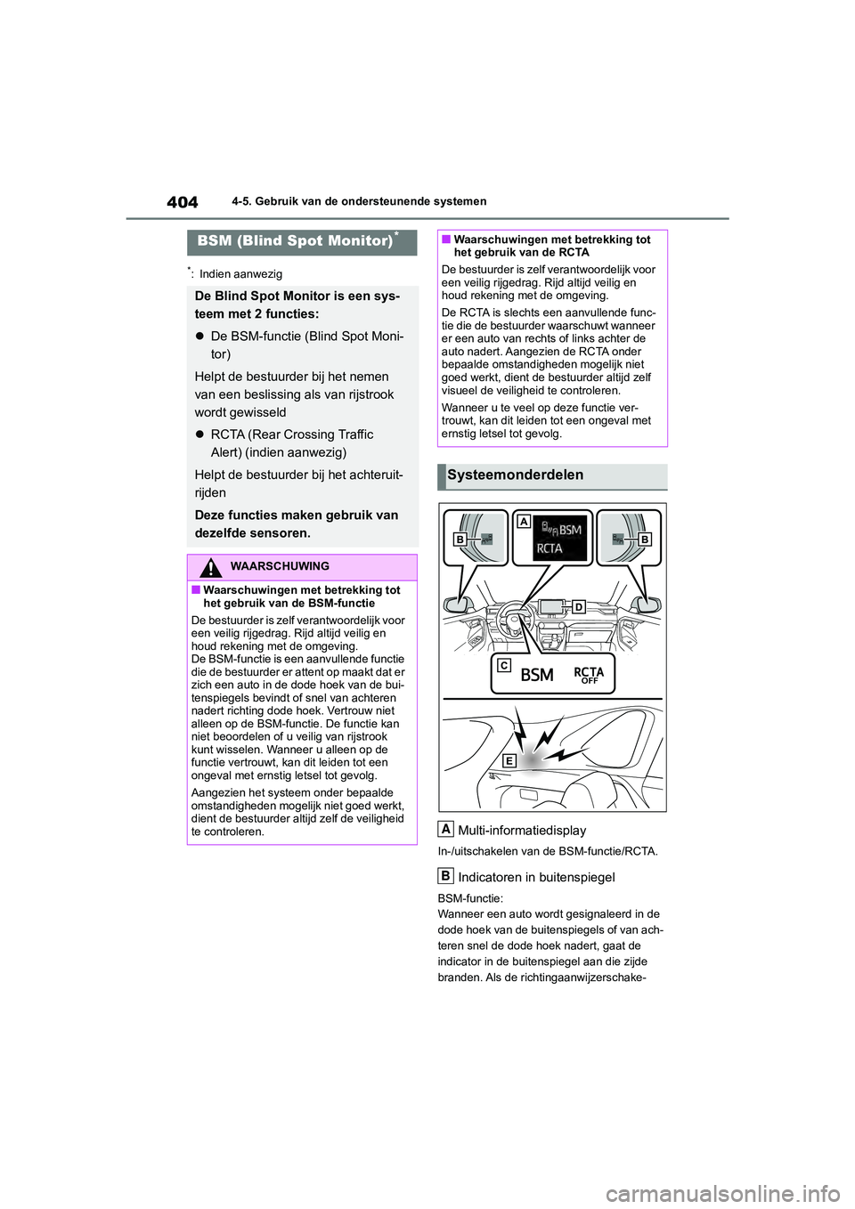 TOYOTA RAV4 2020  Instructieboekje (in Dutch) 4044-5. Gebruik van de ondersteunende systemen
*: Indien aanwezig
Multi-informatiedisplay
In-/uitschakelen van de BSM-functie/RCTA.
Indicatoren in buitenspiegel
BSM-functie:
Wanneer een auto wordt ges