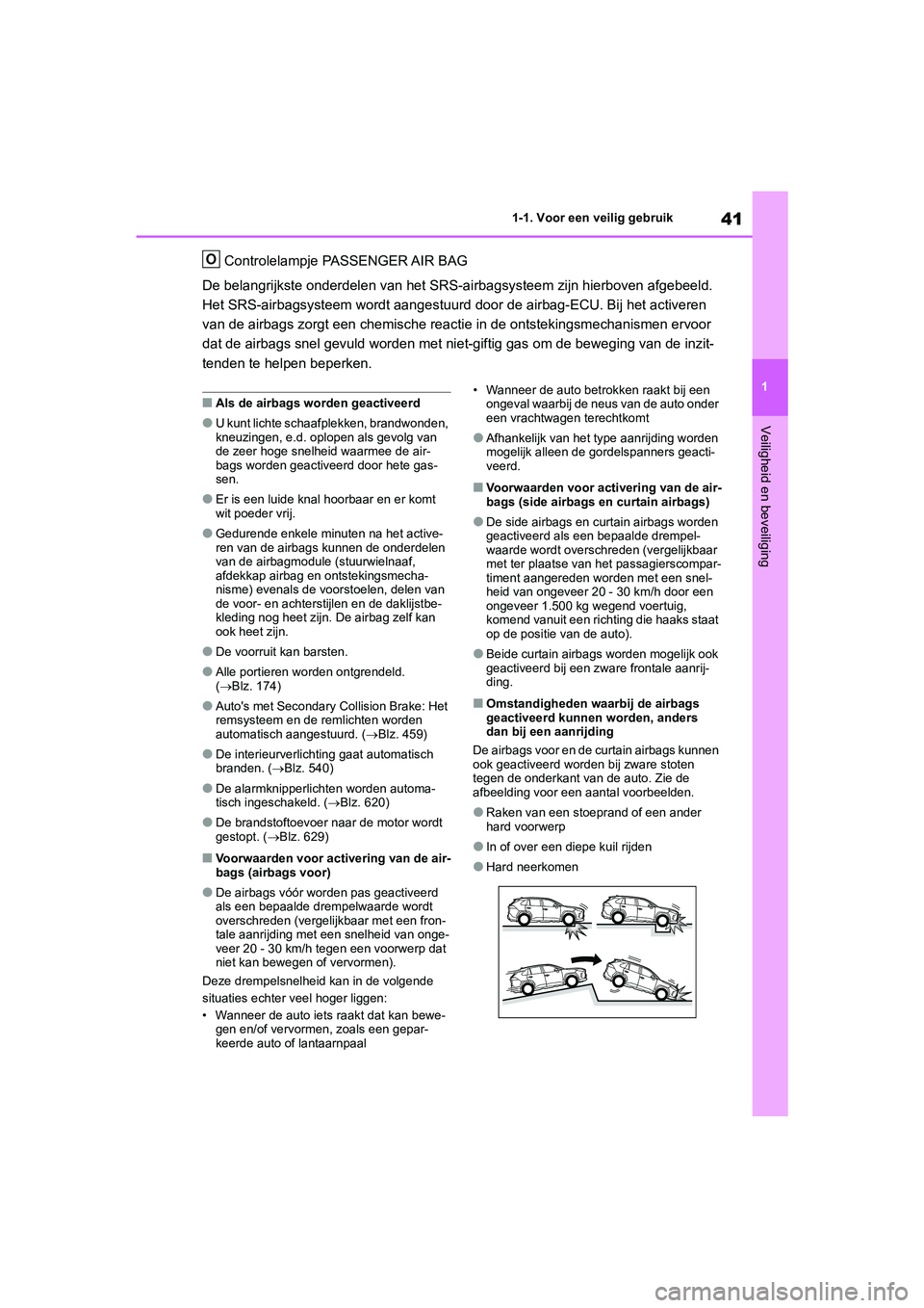 TOYOTA RAV4 2020 Instructieboekje (in Dutch) 41
1
1-1. Voor een veilig gebruik
Veiligheid en beveiliging
Controlelampje PASSENGER AIR BAG
De belangrijkste on derdelen van het SRS- airbagsysteem zijn hier boven afgebeeld.
Het SRS-airbagsysteem w TOYOTA RAV4 2020 Instructieboekje (in Dutch) 41
1
1-1. Voor een veilig gebruik
Veiligheid en beveiliging
Controlelampje PASSENGER AIR BAG
De belangrijkste on derdelen van het SRS- airbagsysteem zijn hier boven afgebeeld.
Het SRS-airbagsysteem w
