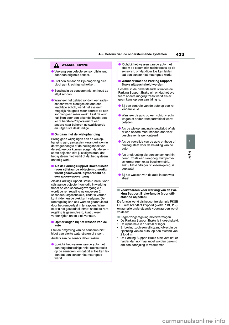 TOYOTA RAV4 2020 Instructieboekje (in Dutch) 433
4
4-5. Gebruik van de ondersteunende systemen
Rijden
■Voorwaarden voor werking van de Par-
king Support Brake-functie (voor stil-
staande objecten)
De functie werkt als het controlelampje PKSB
TOYOTA RAV4 2020 Instructieboekje (in Dutch) 433
4
4-5. Gebruik van de ondersteunende systemen
Rijden
■Voorwaarden voor werking van de Par-
king Support Brake-functie (voor stil-
staande objecten)
De functie werkt als het controlelampje PKSB