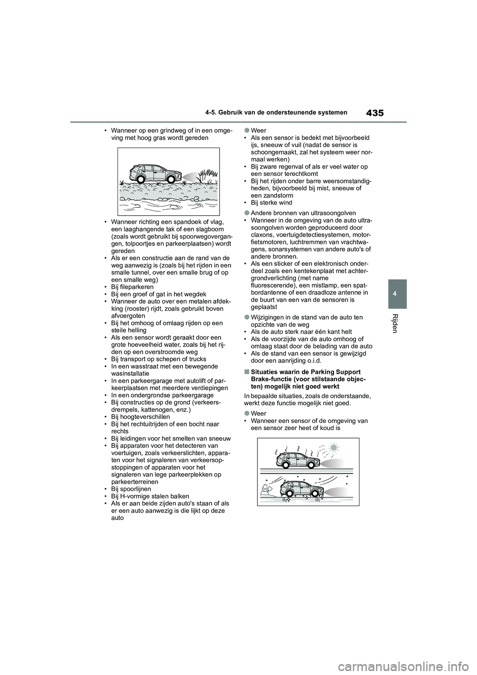 TOYOTA RAV4 2020 Instructieboekje (in Dutch) 435
4
4-5. Gebruik van de ondersteunende systemen
Rijden
• Wanneer op een grindweg of in een omge-
ving met hoog gras wordt gereden
• Wanneer richting een spandoek of vlag, een laaghangende tak o TOYOTA RAV4 2020 Instructieboekje (in Dutch) 435
4
4-5. Gebruik van de ondersteunende systemen
Rijden
• Wanneer op een grindweg of in een omge-
ving met hoog gras wordt gereden
• Wanneer richting een spandoek of vlag, een laaghangende tak o