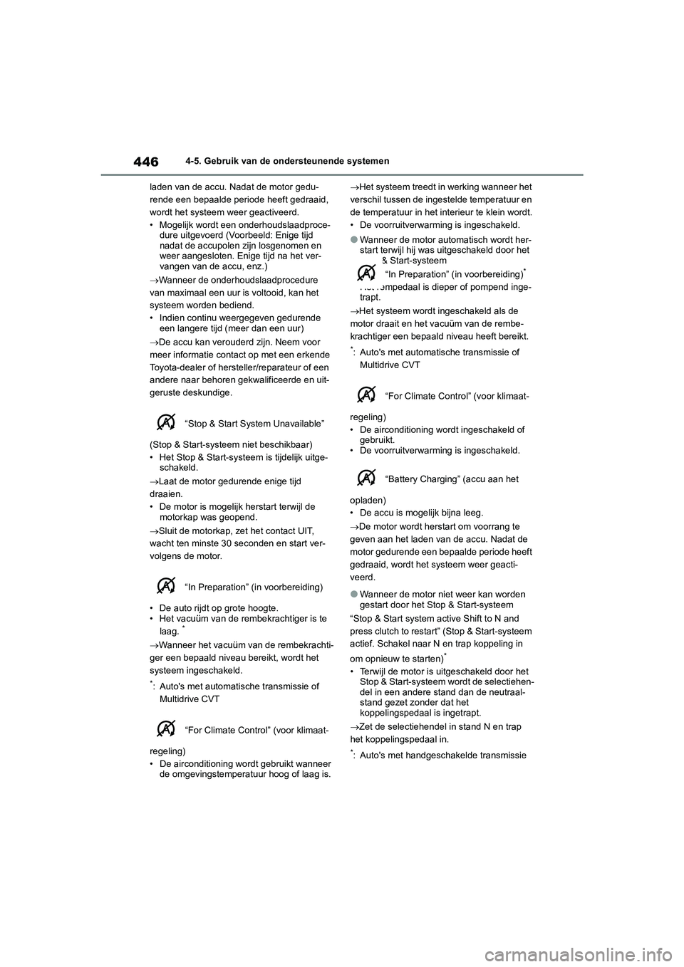TOYOTA RAV4 2020 Instructieboekje (in Dutch) 4464-5. Gebruik van de ondersteunende systemen
laden van de accu. Nadat de motor gedu-
rende een bepaalde periode heeft gedraaid,
wordt het systeem weer geactiveerd.
• Mogelijk wordt een onderhouds TOYOTA RAV4 2020 Instructieboekje (in Dutch) 4464-5. Gebruik van de ondersteunende systemen
laden van de accu. Nadat de motor gedu-
rende een bepaalde periode heeft gedraaid,
wordt het systeem weer geactiveerd.
• Mogelijk wordt een onderhouds