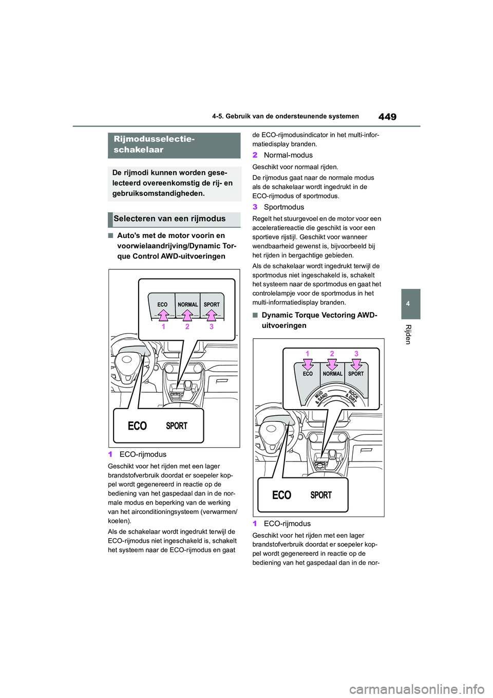 TOYOTA RAV4 2020  Instructieboekje (in Dutch) 449
4
4-5. Gebruik van de ondersteunende systemen
Rijden
■Auto's met de motor voorin en 
voorwielaandrijving/Dynamic Tor-
que Control AWD-uitvoeringen
1 ECO-rijmodus
Geschikt voor het rijden met