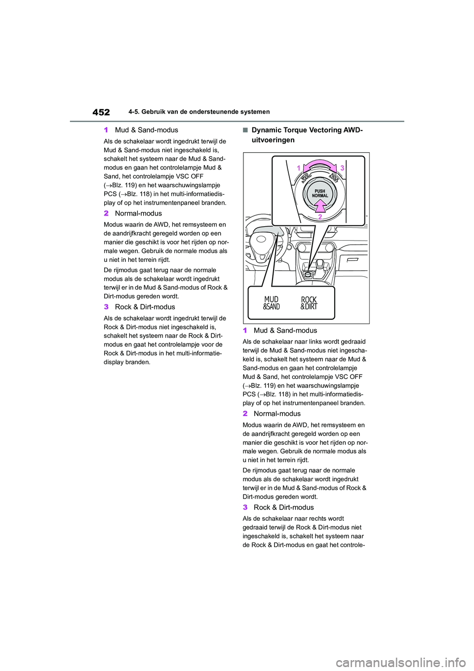 TOYOTA RAV4 2020  Instructieboekje (in Dutch) 4524-5. Gebruik van de ondersteunende systemen
1Mud & Sand-modus
Als de schakelaar wordt ingedrukt terwijl de 
Mud & Sand-modus niet ingeschakeld is, 
schakelt het systeem naar de Mud & Sand-
modus en