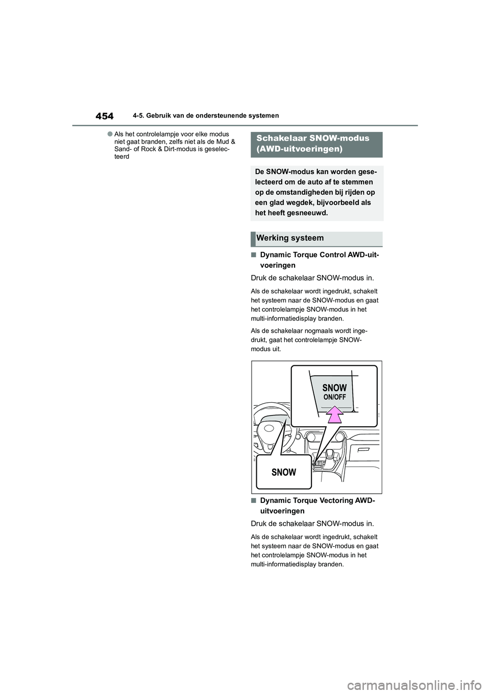 TOYOTA RAV4 2020  Instructieboekje (in Dutch) 4544-5. Gebruik van de ondersteunende systemen
●Als het controlelampje voor elke modus 
niet gaat branden, zelfs niet als de Mud & 
Sand- of Rock & Dirt-modus is geselec-
teerd
■Dynamic Torque Con