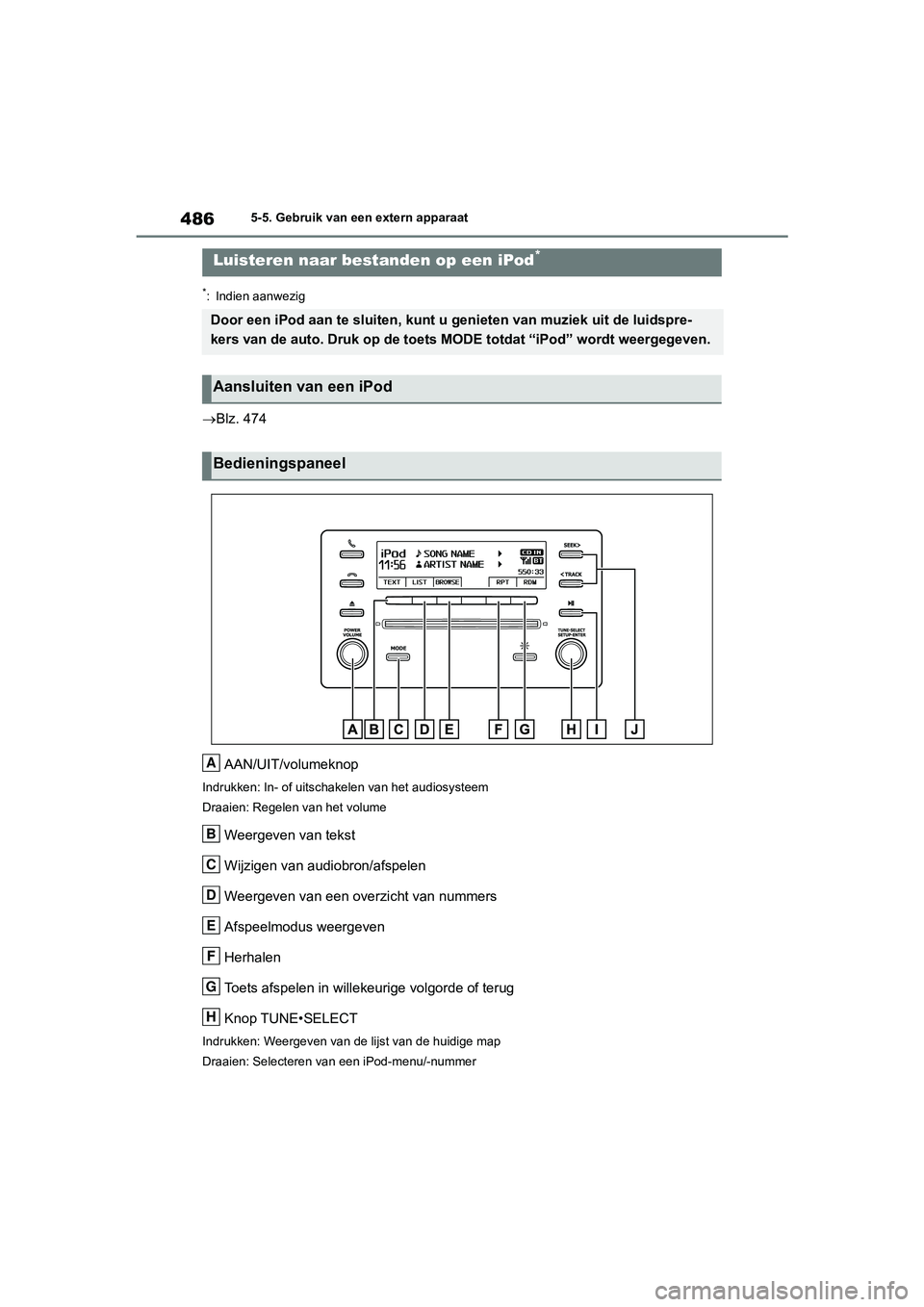 TOYOTA RAV4 2020 Instructieboekje (in Dutch) 4865-5. Gebruik van een extern apparaat
5-5.Gebruik van een extern apparaat
*: Indien aanwezig
Blz. 474AAN/UIT/volumeknop
Indrukken: In- of uitschakelen van het audiosysteem
Draaien: Regelen van he TOYOTA RAV4 2020 Instructieboekje (in Dutch) 4865-5. Gebruik van een extern apparaat
5-5.Gebruik van een extern apparaat
*: Indien aanwezig
Blz. 474AAN/UIT/volumeknop
Indrukken: In- of uitschakelen van het audiosysteem
Draaien: Regelen van he