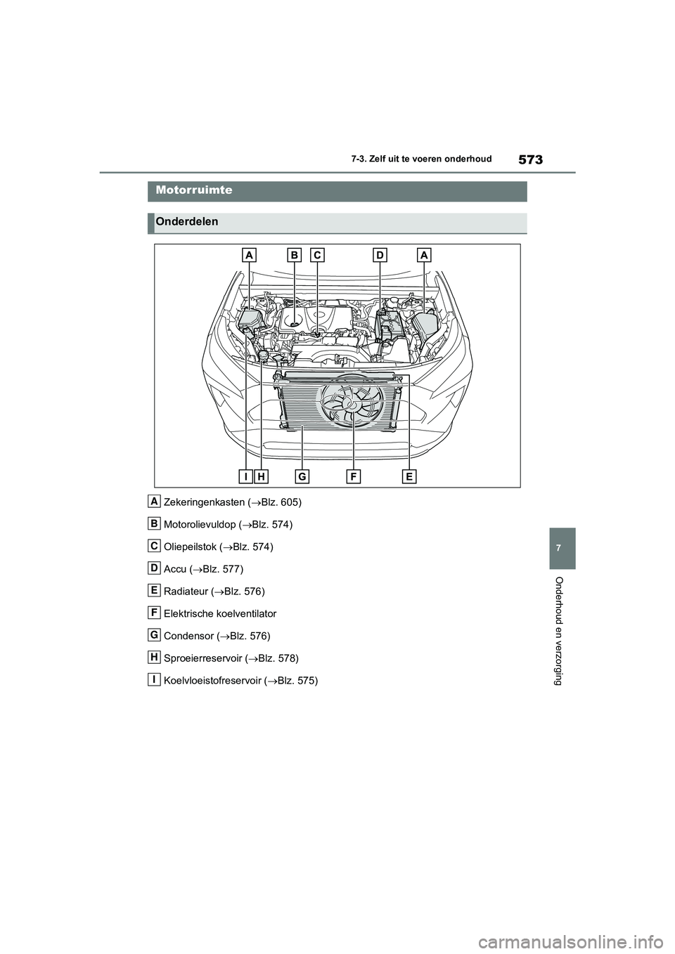 TOYOTA RAV4 2020 Instructieboekje (in Dutch) 573
7
7-3. Zelf uit te voeren onderhoud
Onderhoud en verzorging
Zekeringenkasten (
Blz. 605)
Motorolievuldop ( Blz. 574)
Oliepeilstok ( Blz. 574)
Accu ( Blz. 577)
Radiateur ( Blz. 576)
TOYOTA RAV4 2020 Instructieboekje (in Dutch) 573
7
7-3. Zelf uit te voeren onderhoud
Onderhoud en verzorging
Zekeringenkasten (
Blz. 605)
Motorolievuldop ( Blz. 574)
Oliepeilstok ( Blz. 574)
Accu ( Blz. 577)
Radiateur ( Blz. 576)