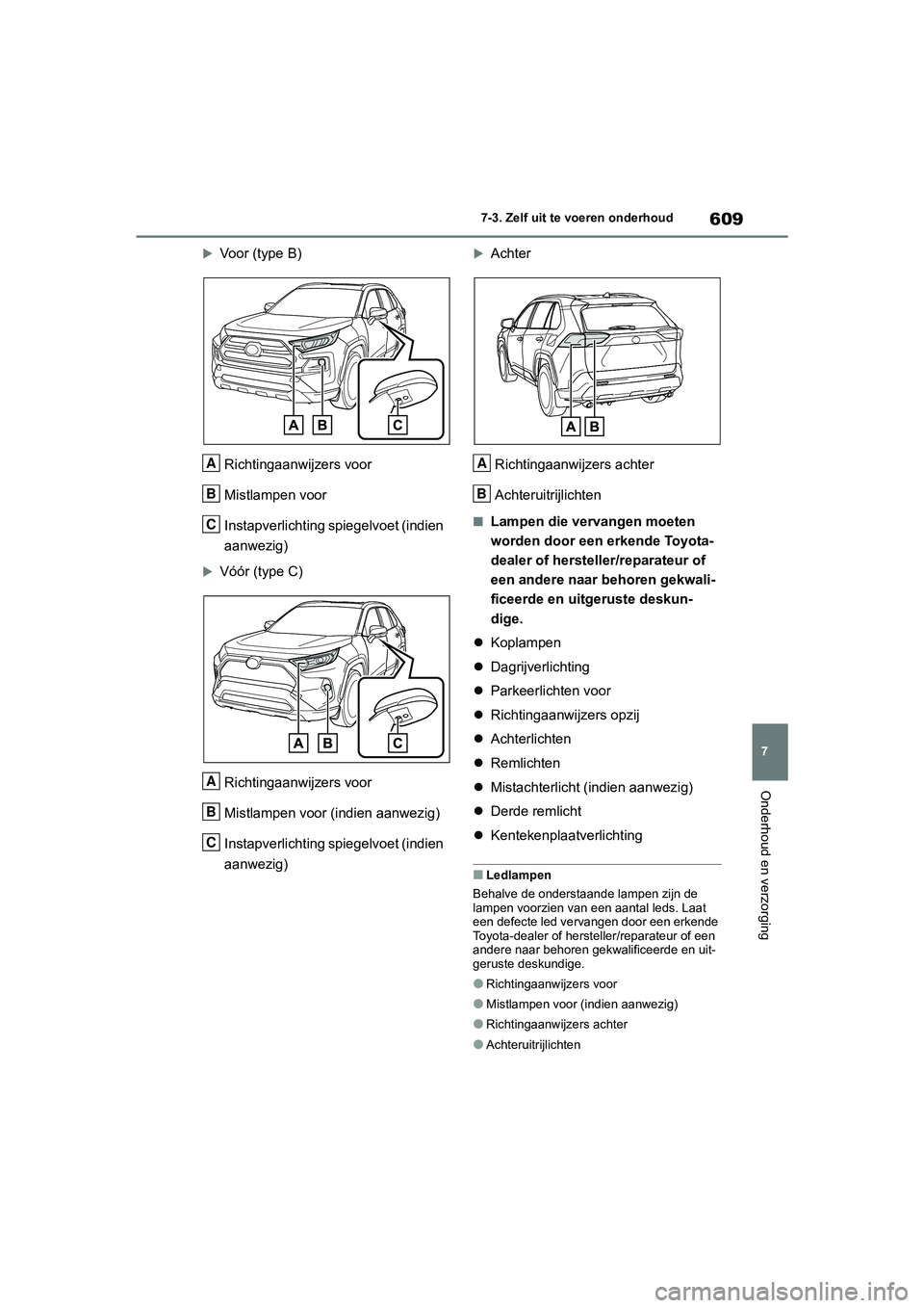 TOYOTA RAV4 2020 Instructieboekje (in Dutch) 609
7
7-3. Zelf uit te voeren onderhoud
Onderhoud en verzorging
Voor (type B)
Richtingaanwijzers voor
Mistlampen voor
Instapverlichting spiegelvoet (indien
aanwezig)
Vóór (type C)Richtingaan TOYOTA RAV4 2020 Instructieboekje (in Dutch) 609
7
7-3. Zelf uit te voeren onderhoud
Onderhoud en verzorging
Voor (type B)
Richtingaanwijzers voor
Mistlampen voor
Instapverlichting spiegelvoet (indien
aanwezig)
Vóór (type C)Richtingaan