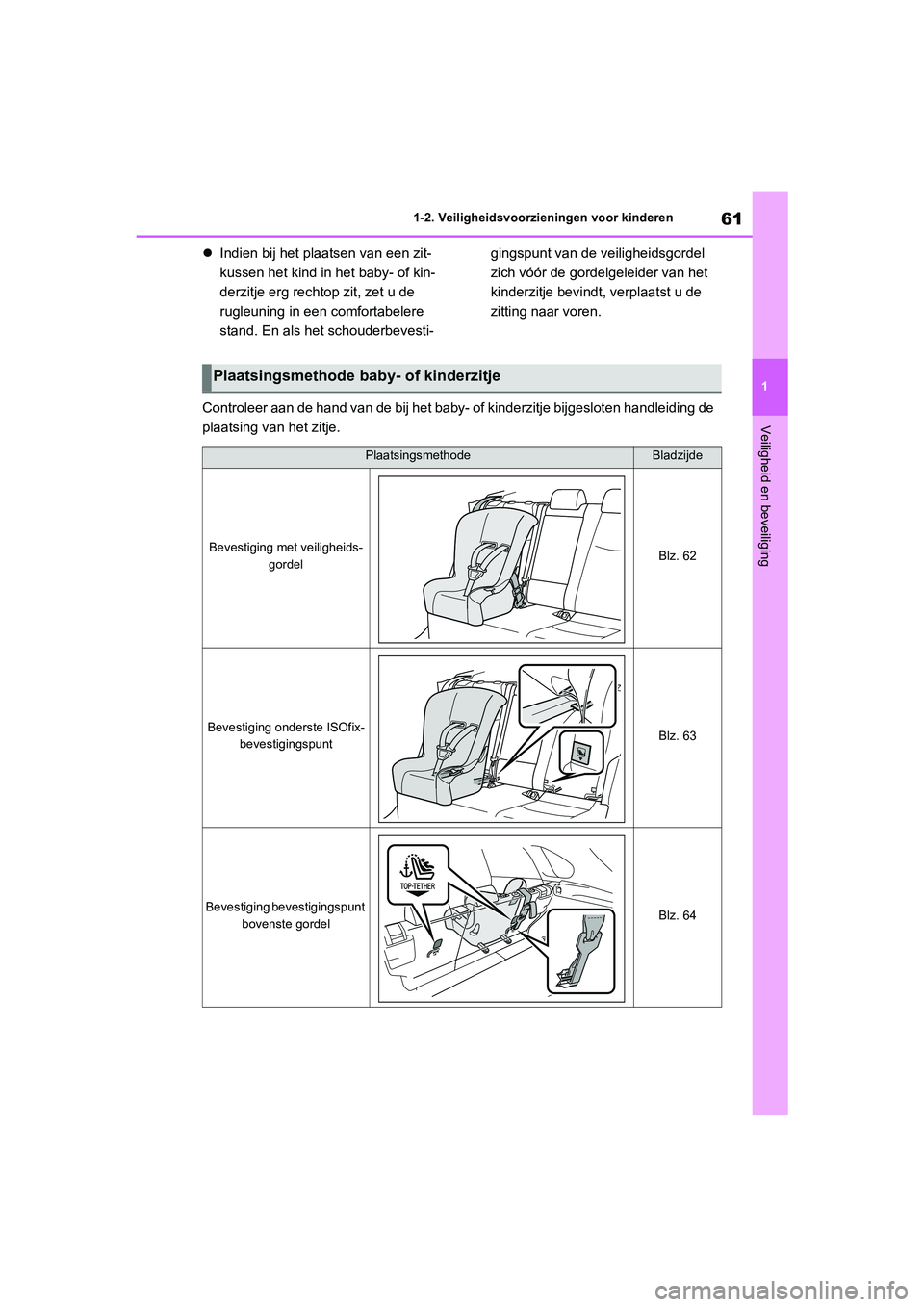 TOYOTA RAV4 2020 Instructieboekje (in Dutch) 61
1
1-2. Veiligheidsvoorzieningen voor kinderen
Veiligheid en beveiliging
Indien bij het plaatsen van een zit-
kussen het kind in het baby- of kin-
derzitje erg rechtop zit, zet u de
rugleuning TOYOTA RAV4 2020 Instructieboekje (in Dutch) 61
1
1-2. Veiligheidsvoorzieningen voor kinderen
Veiligheid en beveiliging
Indien bij het plaatsen van een zit-
kussen het kind in het baby- of kin-
derzitje erg rechtop zit, zet u de
rugleuning