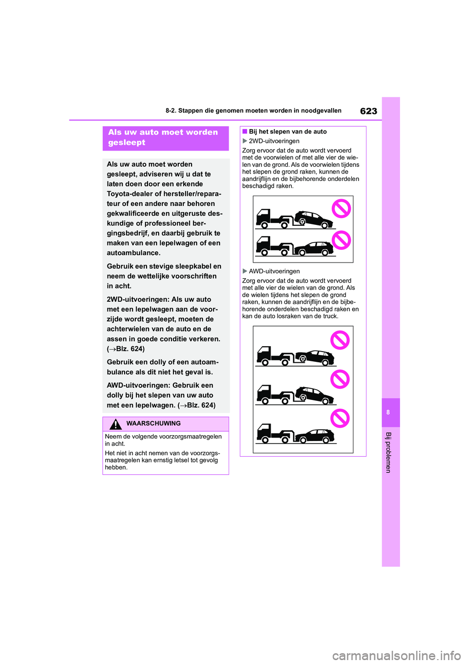 TOYOTA RAV4 2020 Instructieboekje (in Dutch) 623
8
8-2. Stappen die genomen moeten worden in noodgevallen
Bij problemen
8-2.Stappen die genomen moeten worden in noodgevallenAls uw auto moet worden
gesleept
Als uw auto moet worden
gesleept, adv TOYOTA RAV4 2020 Instructieboekje (in Dutch) 623
8
8-2. Stappen die genomen moeten worden in noodgevallen
Bij problemen
8-2.Stappen die genomen moeten worden in noodgevallenAls uw auto moet worden
gesleept
Als uw auto moet worden
gesleept, adv