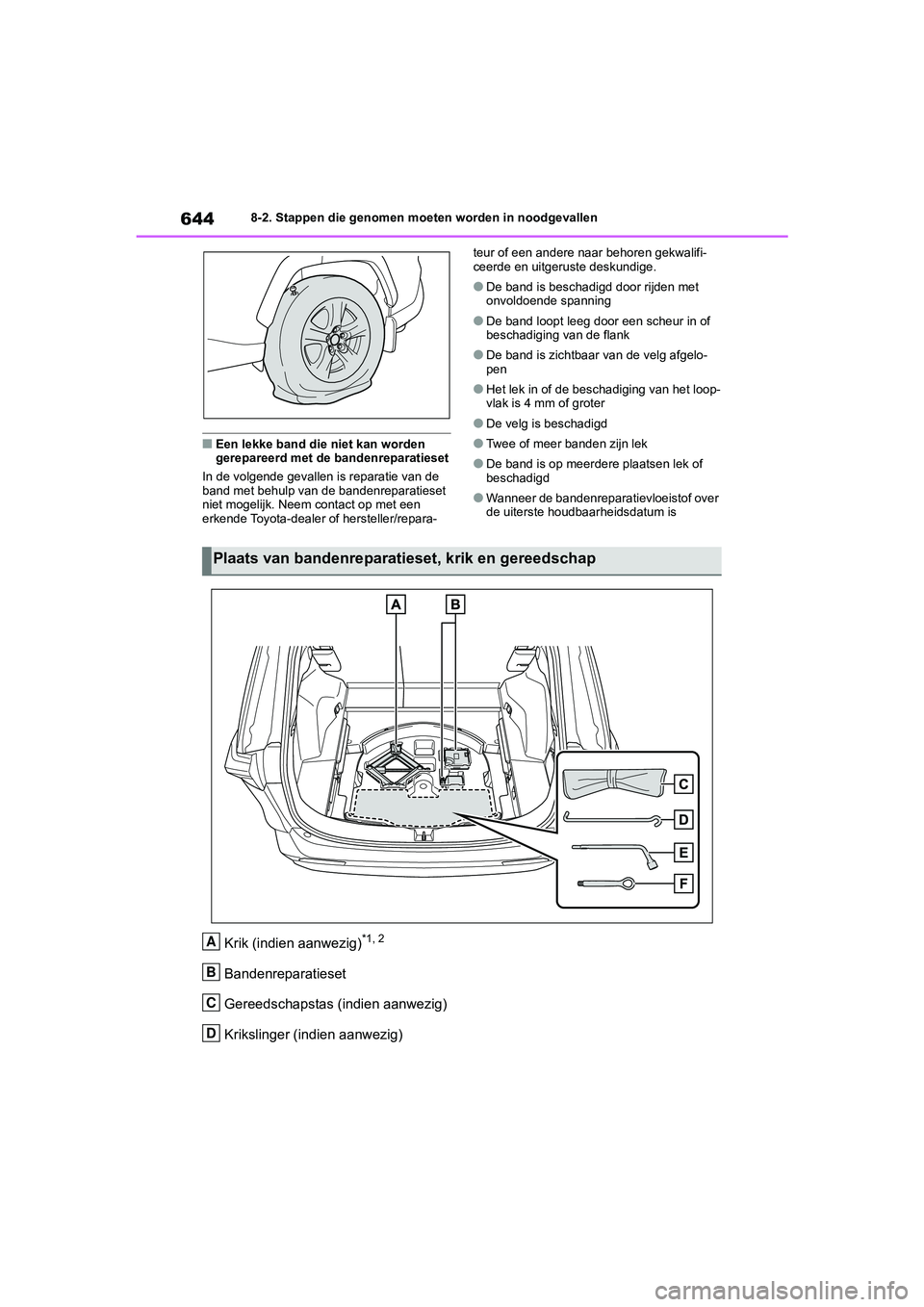 TOYOTA RAV4 2020  Instructieboekje (in Dutch) 6448-2. Stappen die genomen moeten worden in noodgevallen
■Een lekke band die niet kan worden 
gerepareerd met de bandenreparatieset
In de volgende gevallen is reparatie van de 
band met behulp van 