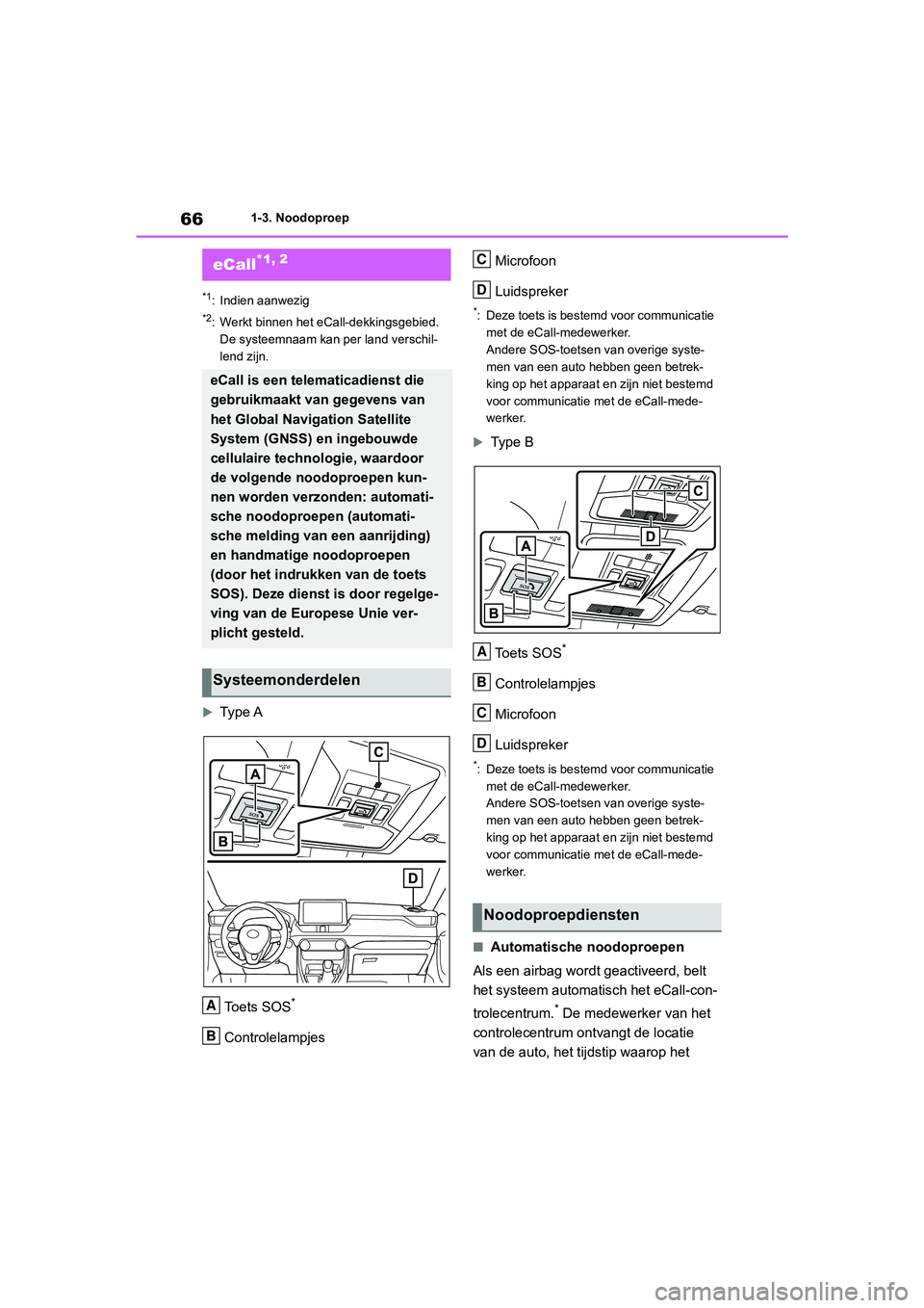 TOYOTA RAV4 2020 Instructieboekje (in Dutch) 661-3. Noodoproep
1-3.Noodoproep
*1: Indien aanwezig
*2: Werkt binnen het eCall-dekkingsgebied. De systeemnaam kan per land verschil-
lend zijn.
Type A Toets SOS
*
Controlelampjes Microfoon
Luidsp TOYOTA RAV4 2020 Instructieboekje (in Dutch) 661-3. Noodoproep
1-3.Noodoproep
*1: Indien aanwezig
*2: Werkt binnen het eCall-dekkingsgebied. De systeemnaam kan per land verschil-
lend zijn.
Type A Toets SOS
*
Controlelampjes Microfoon
Luidsp