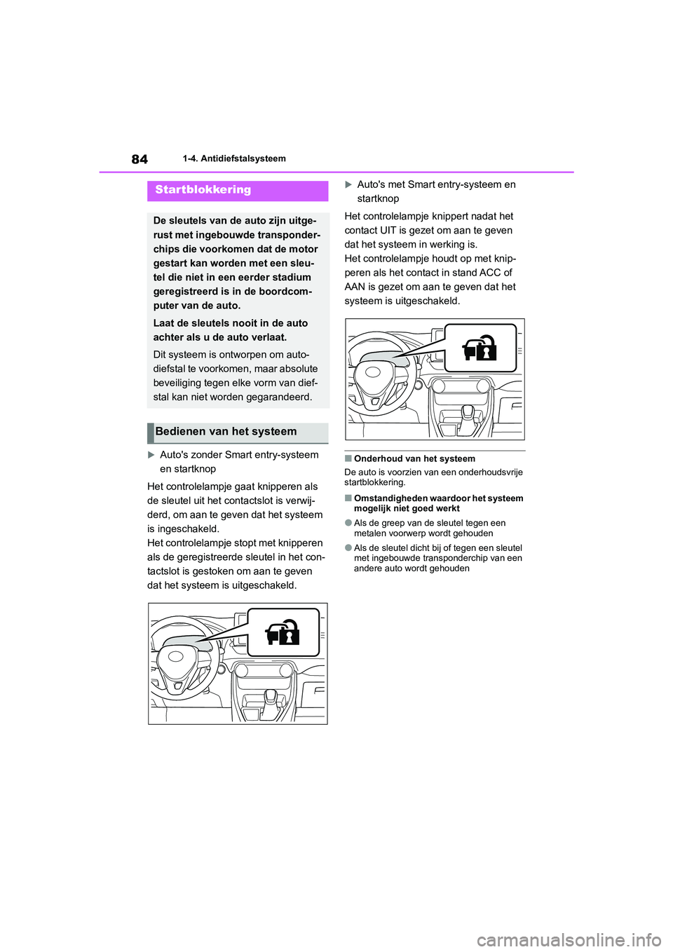 TOYOTA RAV4 2020 Instructieboekje (in Dutch) 841-4. Antidiefstalsysteem
1-4.Antidiefstalsysteem
Auto's zonder Smart entry-systeem
en startknop
Het controlelampje gaat knipperen als
de sleutel uit het contactslot is verwij-
derd, om aan TOYOTA RAV4 2020 Instructieboekje (in Dutch) 841-4. Antidiefstalsysteem
1-4.Antidiefstalsysteem
Auto's zonder Smart entry-systeem
en startknop
Het controlelampje gaat knipperen als
de sleutel uit het contactslot is verwij-
derd, om aan