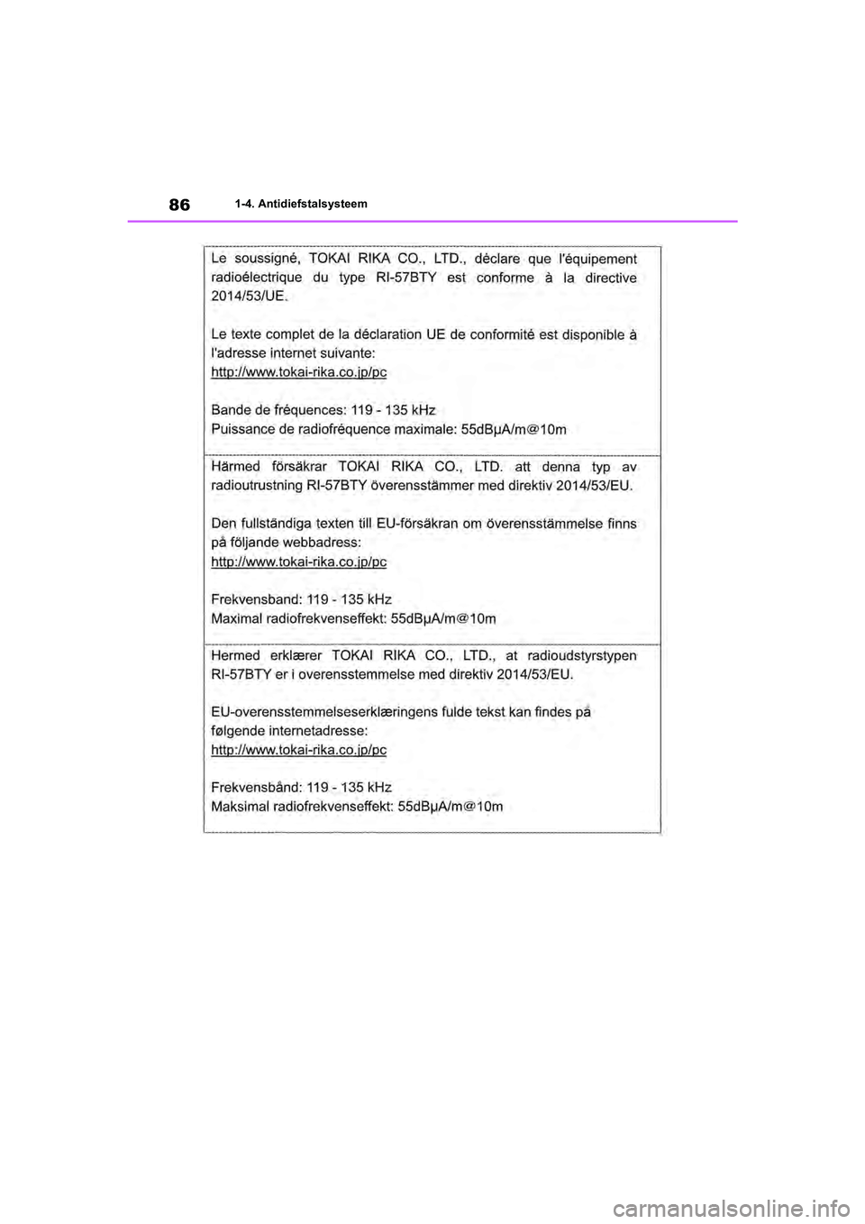 TOYOTA RAV4 2020  Instructieboekje (in Dutch) 861-4. Antidiefstalsysteem
pM_RAV4_OM_OM42C76E_(EE).book  Page 86  Monday, October 7, 2019  3:26 PM 