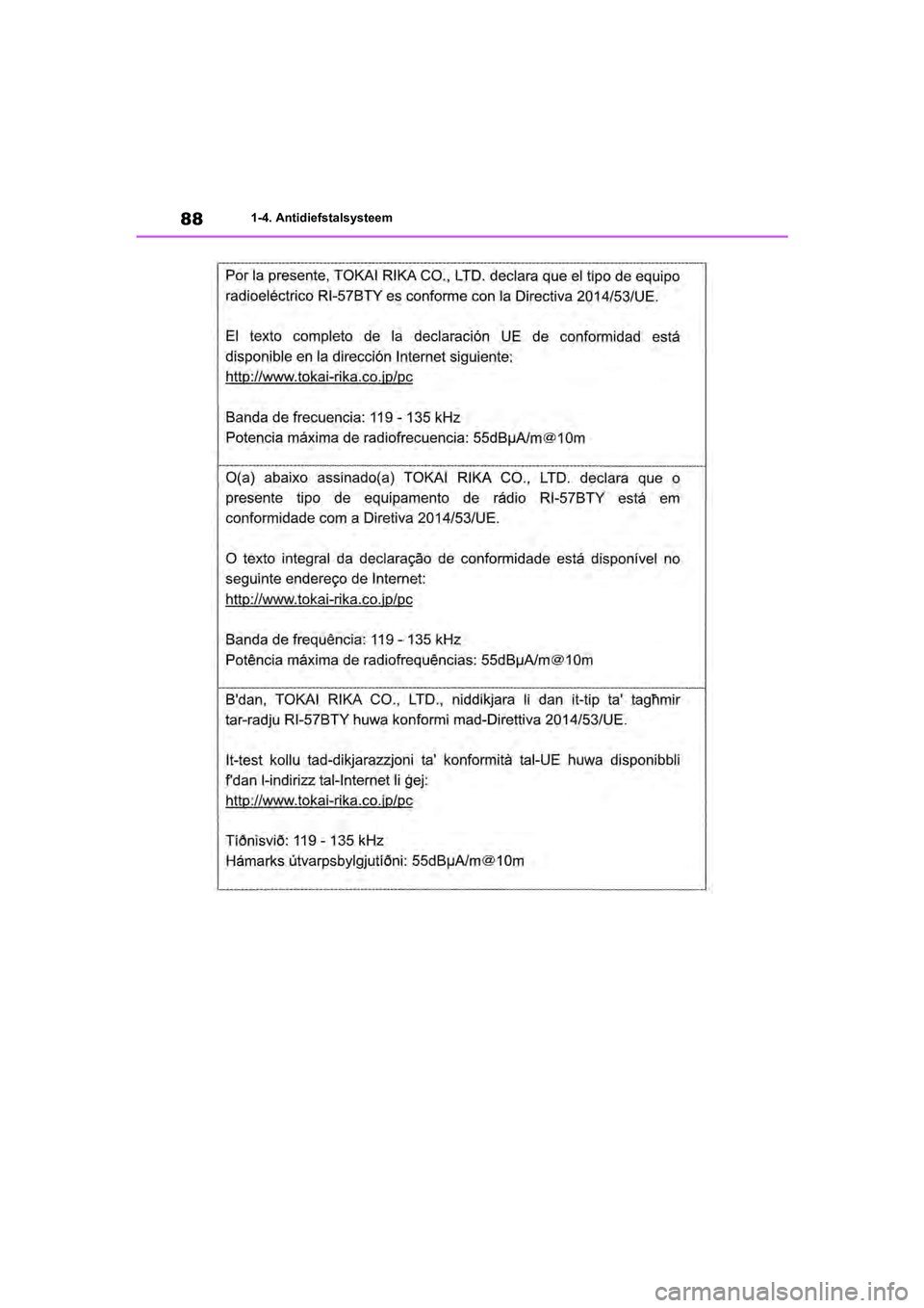 TOYOTA RAV4 2020  Instructieboekje (in Dutch) 881-4. Antidiefstalsysteem
pM_RAV4_OM_OM42C76E_(EE).book  Page 88  Monday, October 7, 2019  3:26 PM 