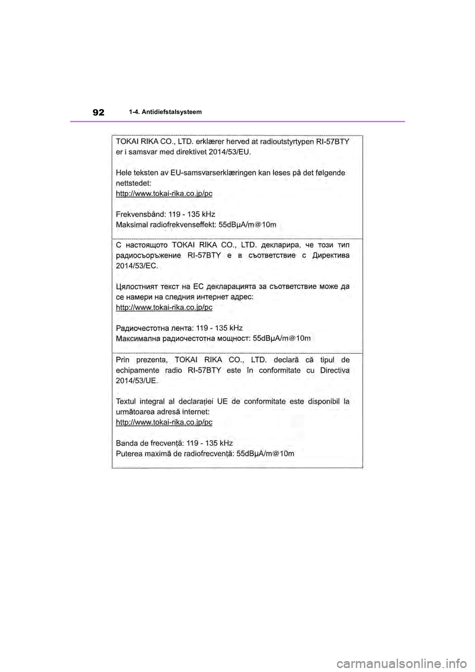 TOYOTA RAV4 2020  Instructieboekje (in Dutch) 921-4. Antidiefstalsysteem
pM_RAV4_OM_OM42C76E_(EE).book  Page 92  Monday, October 7, 2019  3:26 PM 