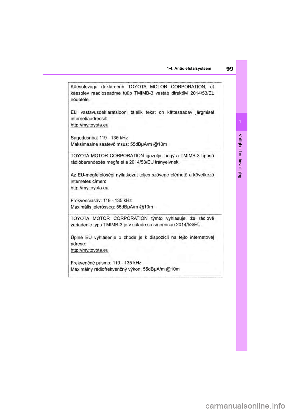 TOYOTA RAV4 2020  Instructieboekje (in Dutch) 99
1
1-4. Antidiefstalsysteem
Veiligheid en beveiliging
pM_RAV4_OM_OM42C76E_(EE).book  P
age 99  Monday, October 7, 2019  3:26 PM 