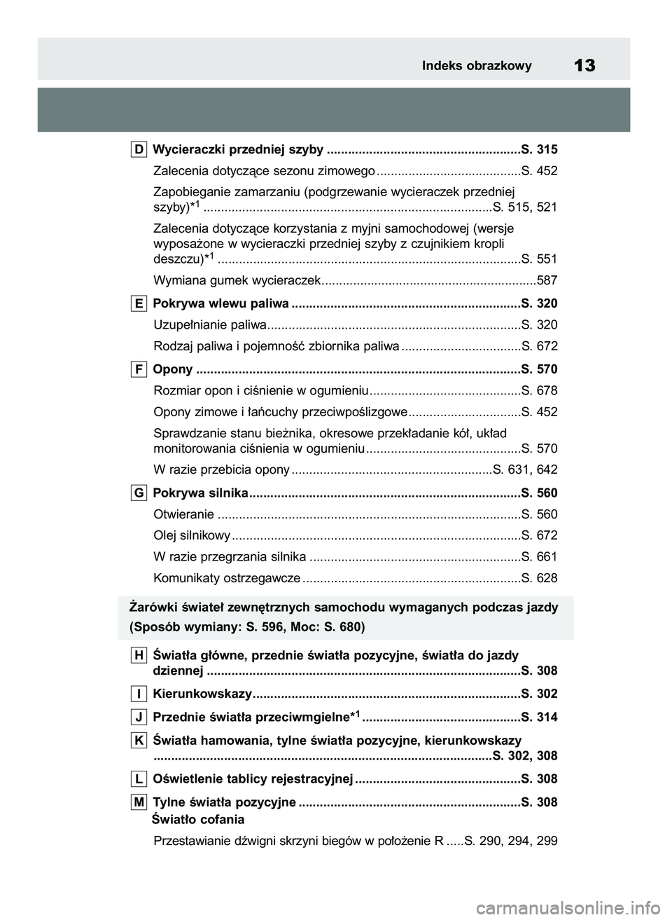 TOYOTA RAV4 2020  Instrukcja obsługi (in Polish) Wycieraczki przedniej szyby .......................................................S. 315
Zalecenia dotyczàce sezonu zimowego .........................................S. 452
Zapobieganie zamarzaniu (