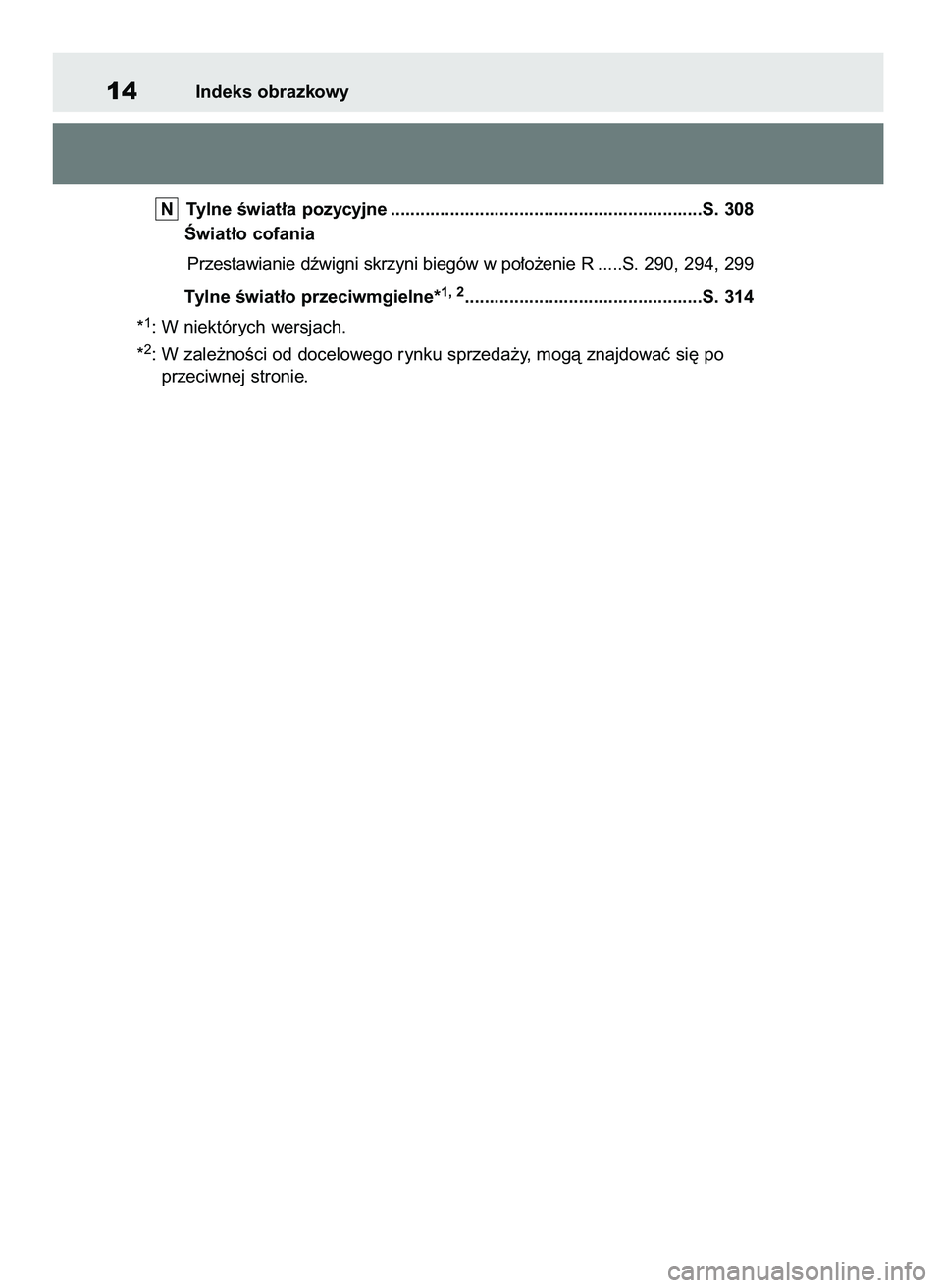 TOYOTA RAV4 2020  Instrukcja obsługi (in Polish) Tylne Êwiat∏a pozycyjne ...............................................................S. 308
Âwiat∏o cofania
Przestawianie dêwigni skrzyni biegów w po∏o˝enie R.....S. 290, 294, 299
Tylne 