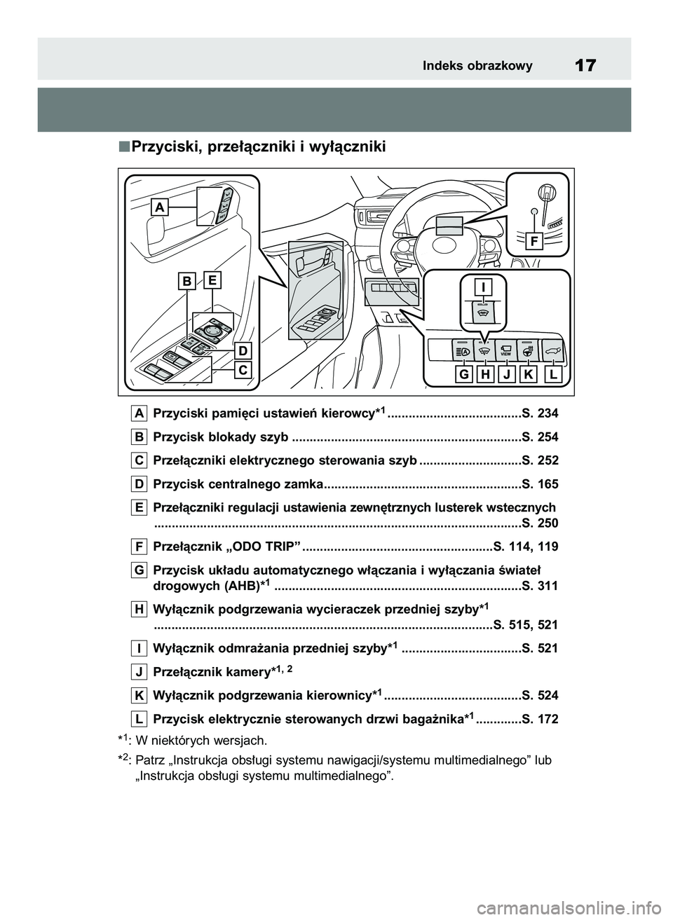 TOYOTA RAV4 2020  Instrukcja obsługi (in Polish) Przyciski, prze∏àczniki i wy∏àczniki 
Przyciski pami´ci ustawieƒ kierowcy*1......................................S. 234
Przycisk blokady szyb ..................................................