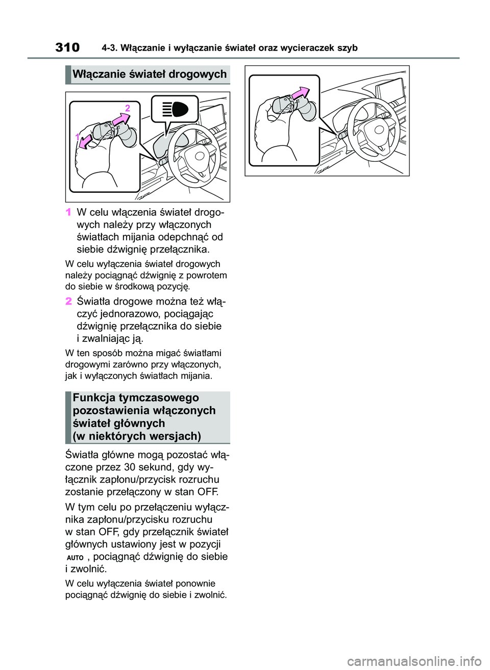TOYOTA RAV4 2020 Instrukcja obsługi (in Polish) 1W celu w∏àczenia Êwiate∏ drogo-
wych nale˝y przy w∏àczonych
Êwiat∏ach mijania odepchnàç od
siebie dêwigni´ prze∏àcznika.
W celu wy∏àczenia Êwiate∏ drogowych
nale˝y pociàgn TOYOTA RAV4 2020 Instrukcja obsługi (in Polish) 1W celu w∏àczenia Êwiate∏ drogo-
wych nale˝y przy w∏àczonych
Êwiat∏ach mijania odepchnàç od
siebie dêwigni´ prze∏àcznika.
W celu wy∏àczenia Êwiate∏ drogowych
nale˝y pociàgn