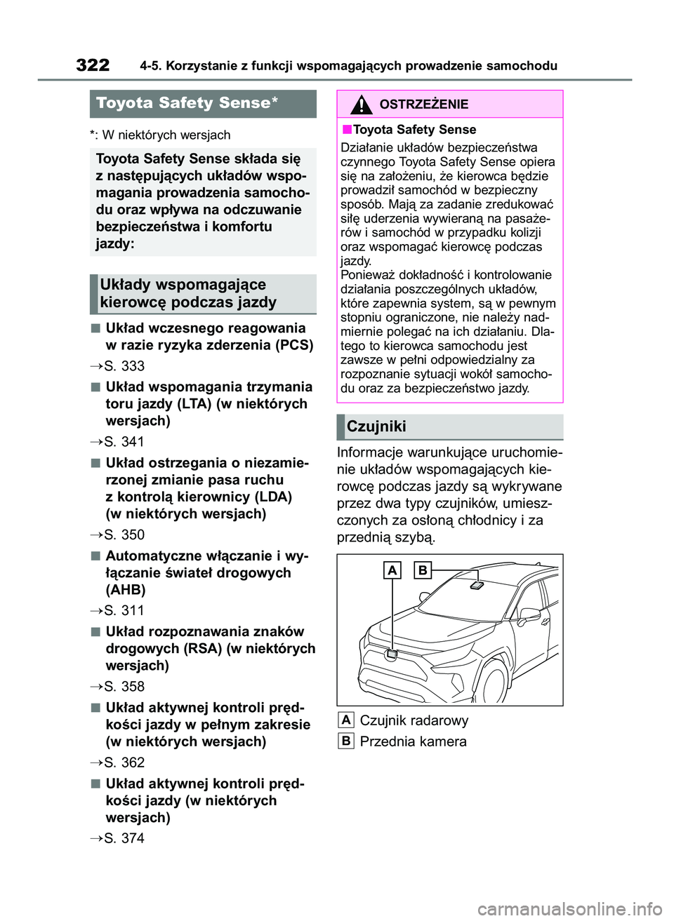 TOYOTA RAV4 2020  Instrukcja obsługi (in Polish) *: W niektórych wersjach
Uk∏ad wczesnego reagowania
w razie ryzyka zderzenia (PCS)
S. 333
Uk∏ad wspomagania trzymania
toru jazdy (LTA) (w niektórych
wersjach)
S. 341
Uk∏ad ostrzegania o niez