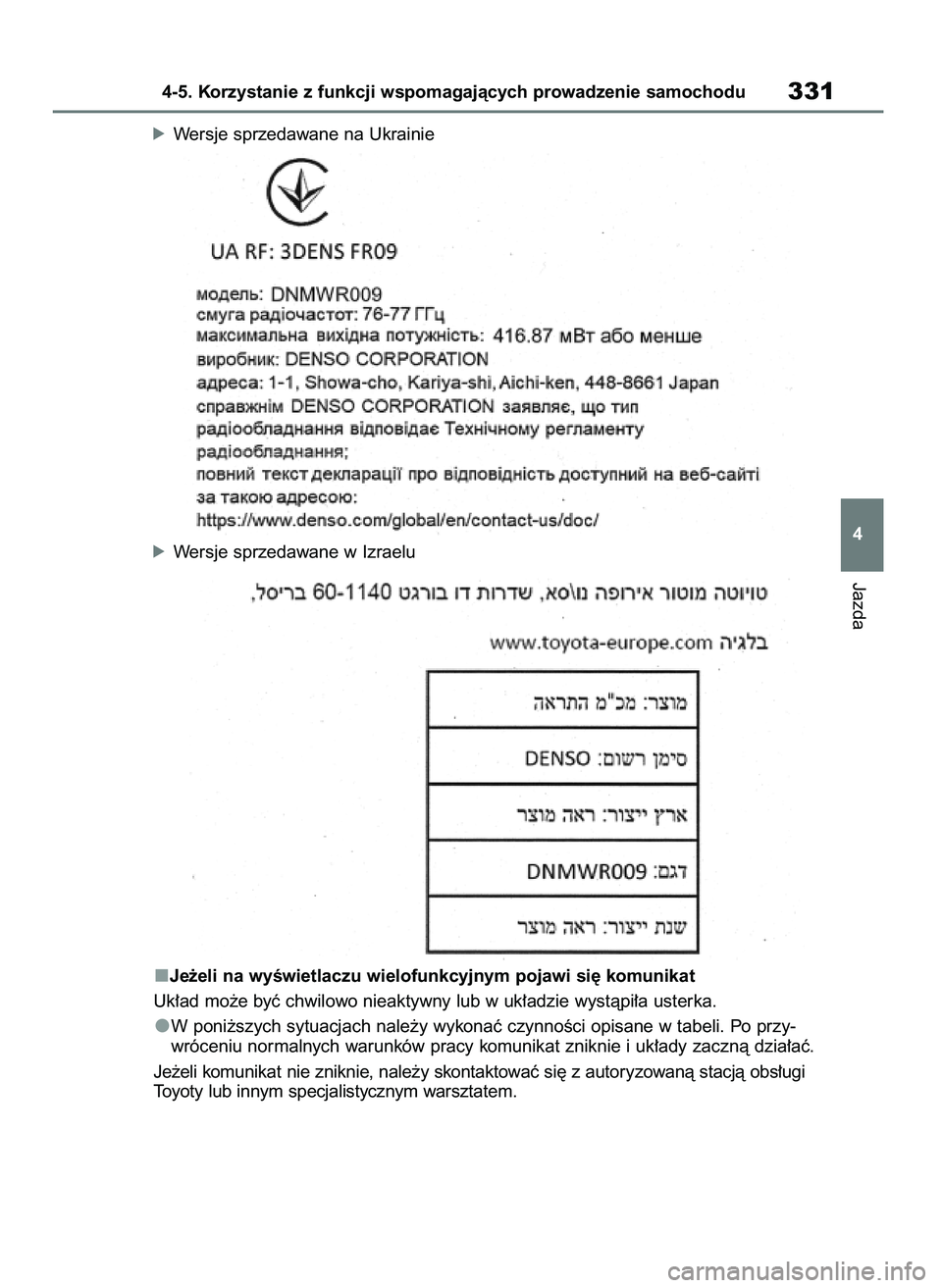 TOYOTA RAV4 2020  Instrukcja obsługi (in Polish) óWersje sprzedawane na Ukrainie
óWersje sprzedawane w Izraelu
Je˝eli na wyÊwietlaczu wielofunkcyjnym pojawi si´ komunikat
Uk∏ad mo˝e byç chwilowo nieaktywny lub w uk∏adzie wystàpi∏a uste