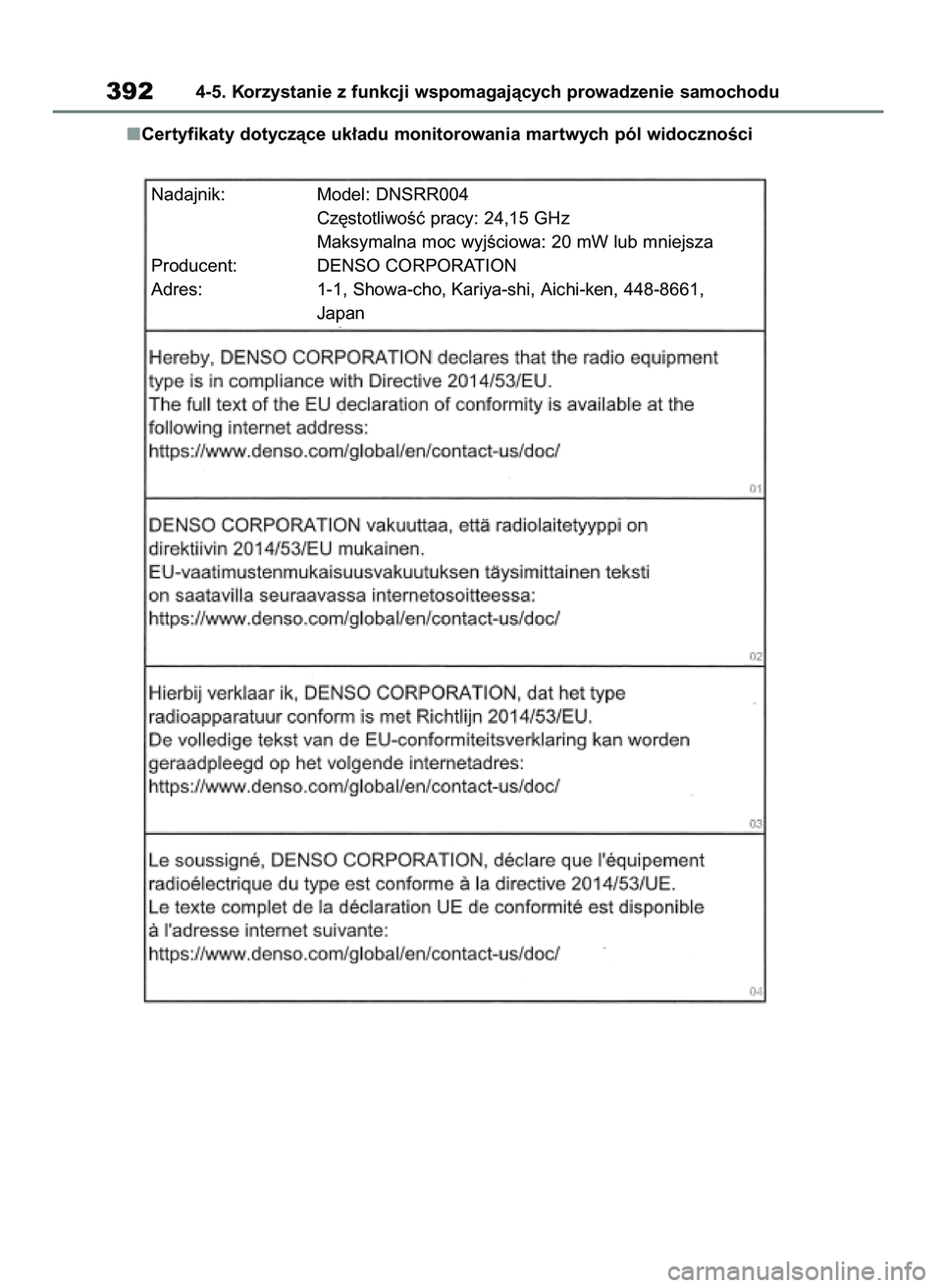 TOYOTA RAV4 2020 Instrukcja obsługi (in Polish) Certyfikaty dotyczàce uk∏adu monitorowania martwych pól widocznoÊci
3924-5. Korzystanie z funkcji wspomagajàcych prowadzenie samochodu
Nadajnik: Model: DNSRR004
Cz´stotliwoÊç pracy: 24,15 GHz TOYOTA RAV4 2020 Instrukcja obsługi (in Polish) Certyfikaty dotyczàce uk∏adu monitorowania martwych pól widocznoÊci
3924-5. Korzystanie z funkcji wspomagajàcych prowadzenie samochodu
Nadajnik: Model: DNSRR004
Cz´stotliwoÊç pracy: 24,15 GHz