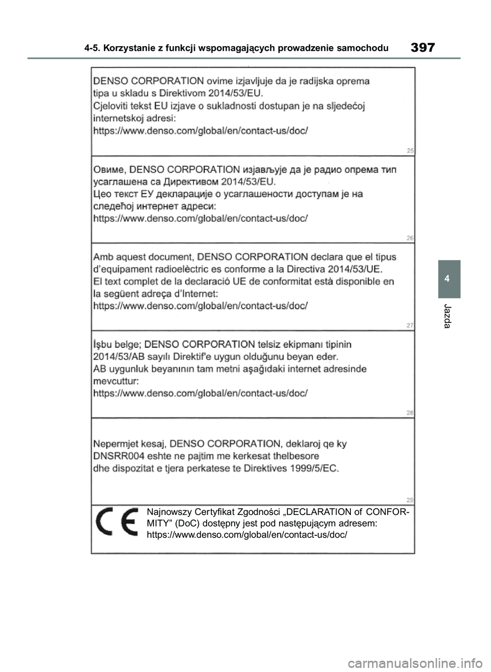 TOYOTA RAV4 2020 Instrukcja obsługi (in Polish) Jazda
4-5. Korzystanie z funkcji wspomagajàcych prowadzenie samochodu397
4
Najnowszy Cer tyfikat ZgodnoÊci „DECLARATION of CONFOR-
MITY” (DoC) dost´pny jest pod nast´pujàcym adresem:
https:// TOYOTA RAV4 2020 Instrukcja obsługi (in Polish) Jazda
4-5. Korzystanie z funkcji wspomagajàcych prowadzenie samochodu397
4
Najnowszy Cer tyfikat ZgodnoÊci „DECLARATION of CONFOR-
MITY” (DoC) dost´pny jest pod nast´pujàcym adresem:
https://