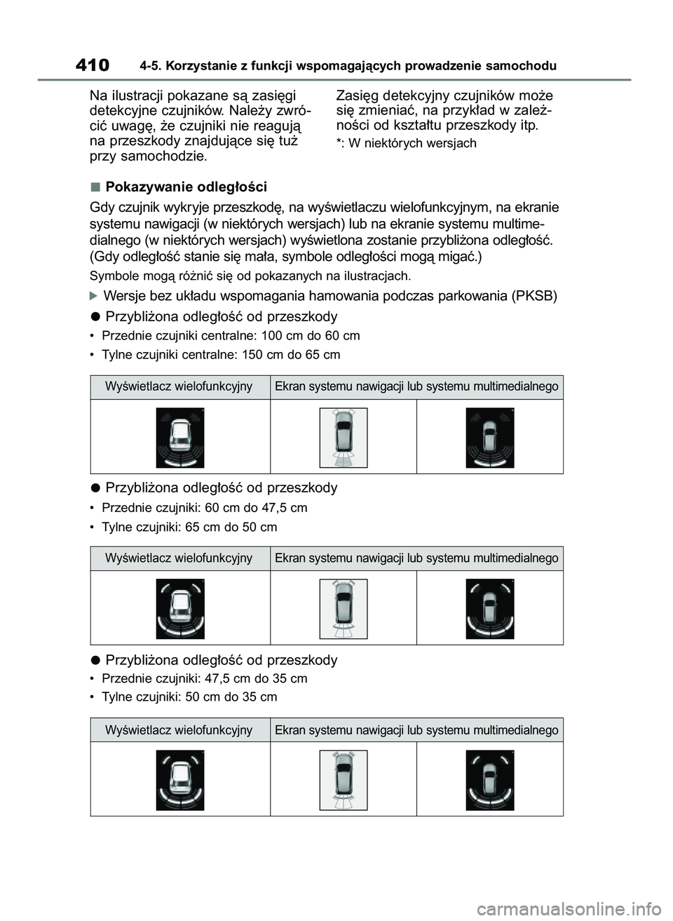 TOYOTA RAV4 2020 Instrukcja obsługi (in Polish) Na ilustracji pokazane sà zasi´gi
detekcyjne czujników. Nale˝y zwró-
ciç uwag´, ˝e czujniki nie reagujà
na przeszkody znajdujàce si´ tu˝
przy samochodzie.Zasi´g detekcyjny czujników mo˝ TOYOTA RAV4 2020 Instrukcja obsługi (in Polish) Na ilustracji pokazane sà zasi´gi
detekcyjne czujników. Nale˝y zwró-
ciç uwag´, ˝e czujniki nie reagujà
na przeszkody znajdujàce si´ tu˝
przy samochodzie.Zasi´g detekcyjny czujników mo˝
