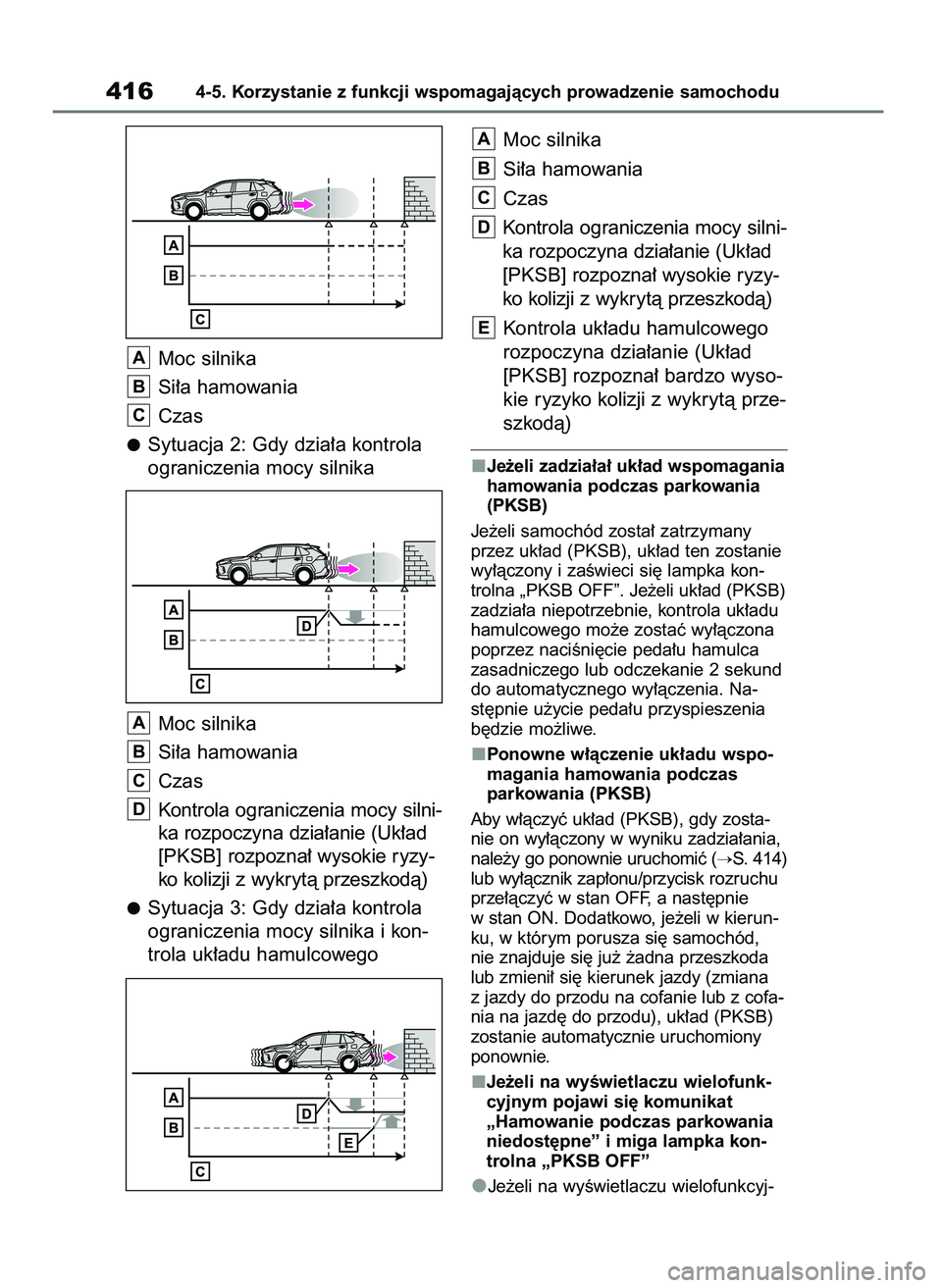 TOYOTA RAV4 2020  Instrukcja obsługi (in Polish) Moc silnika
Si∏a hamowania
Czas
Sytuacja 2: Gdy dzia∏a kontrola
ograniczenia mocy silnika
Moc silnika
Si∏a hamowania
Czas
Kontrola ograniczenia mocy silni-
ka rozpoczyna dzia∏anie (Uk∏ad
[PK