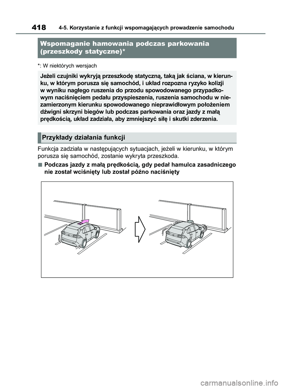 TOYOTA RAV4 2020  Instrukcja obsługi (in Polish) *: W niektórych wersjach
Funkcja zadzia∏a w nast´pujàcych sytuacjach, je˝eli w kierunku, w którym
porusza si´ samochód, zostanie wykryta przeszkoda.
Podczas jazdy z ma∏à pr´dkoÊcià, gdy
