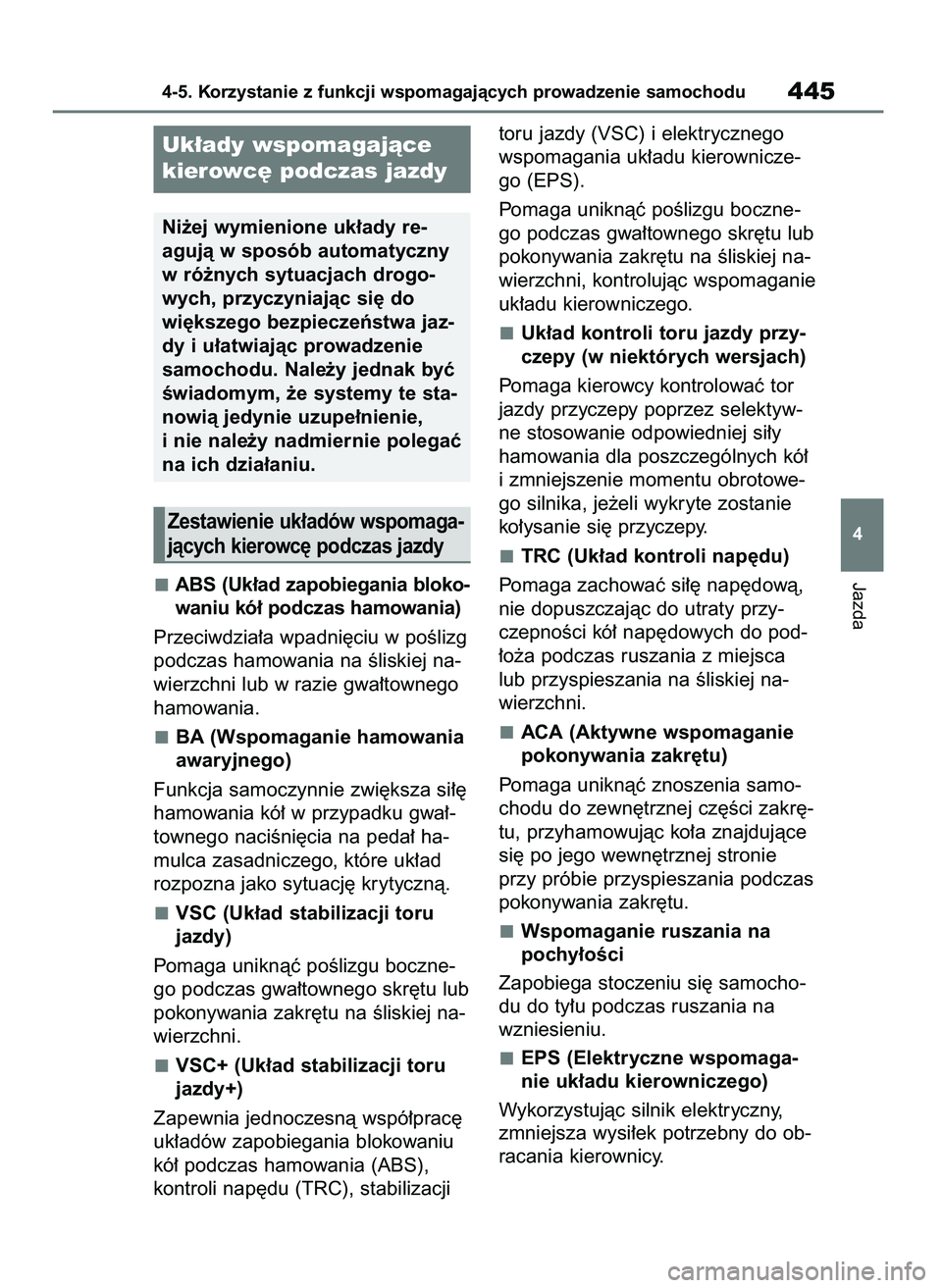 TOYOTA RAV4 2020  Instrukcja obsługi (in Polish) ABS (Uk∏ad zapobiegania bloko-
waniu kó∏ podczas hamowania)
Przeciwdzia∏a wpadni´ciu w poÊlizg
podczas hamowania na Êliskiej na-
wierzchni lub w razie gwa∏townego
hamowania.
BA (Wspomagani
